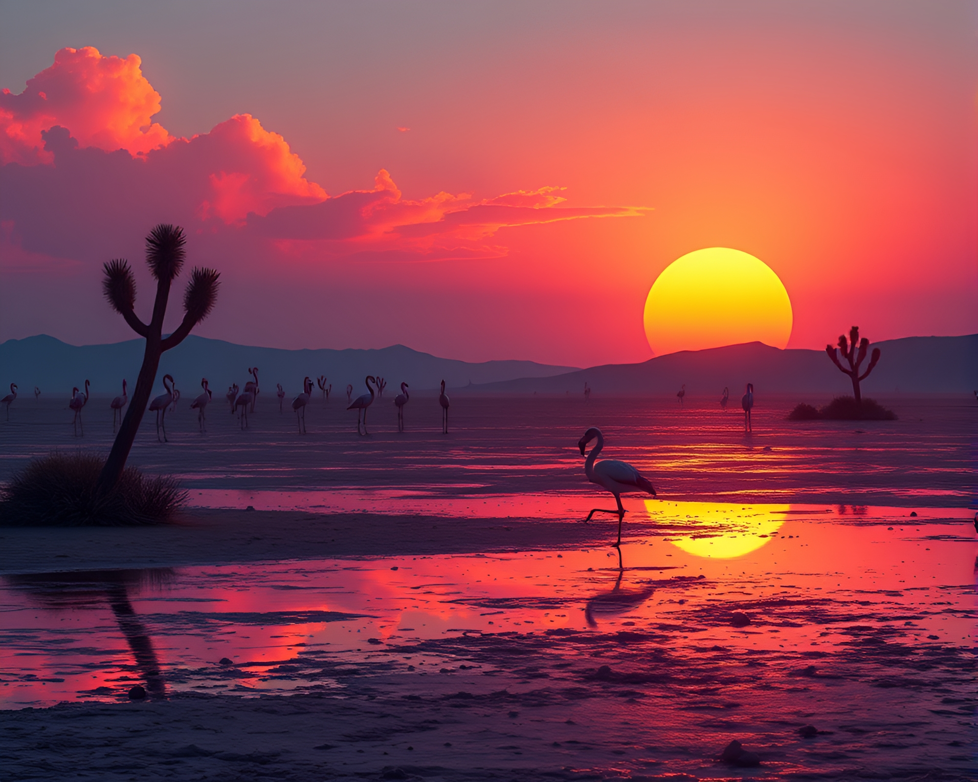 Flamingo Motion Capture in Desert Sunset Cel-Shading – free AI stock image