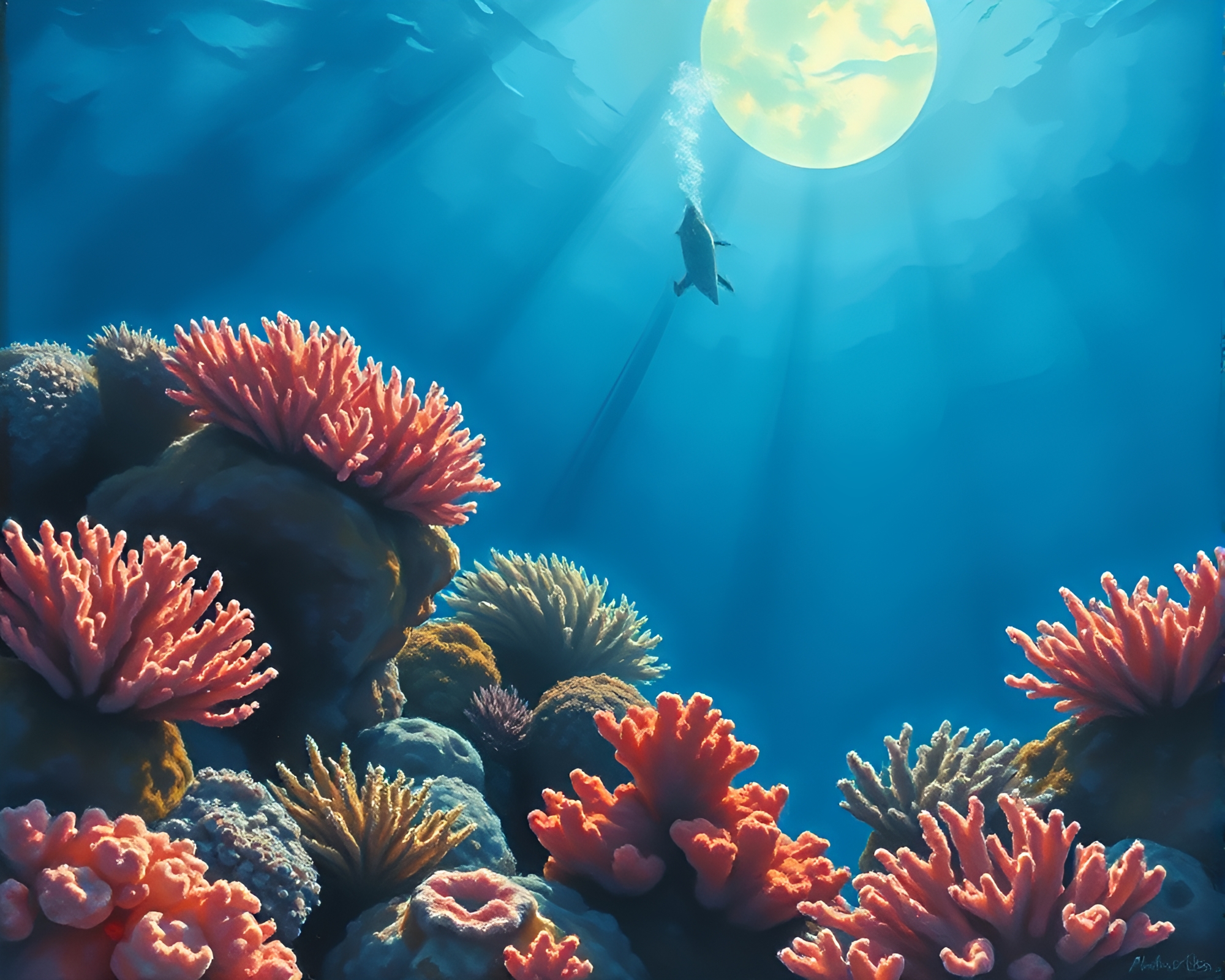 Underwater Coral Reef Lens Flare Gouache Painting – free AI stock image