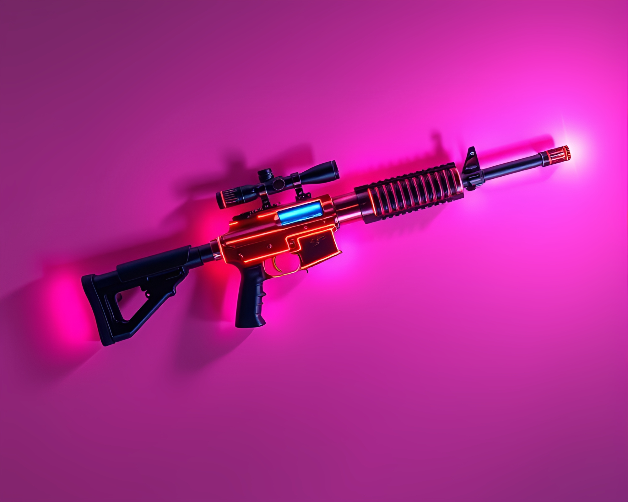 Neon Reflections in Attic Shadows with Plasma Rifle – free AI stock image