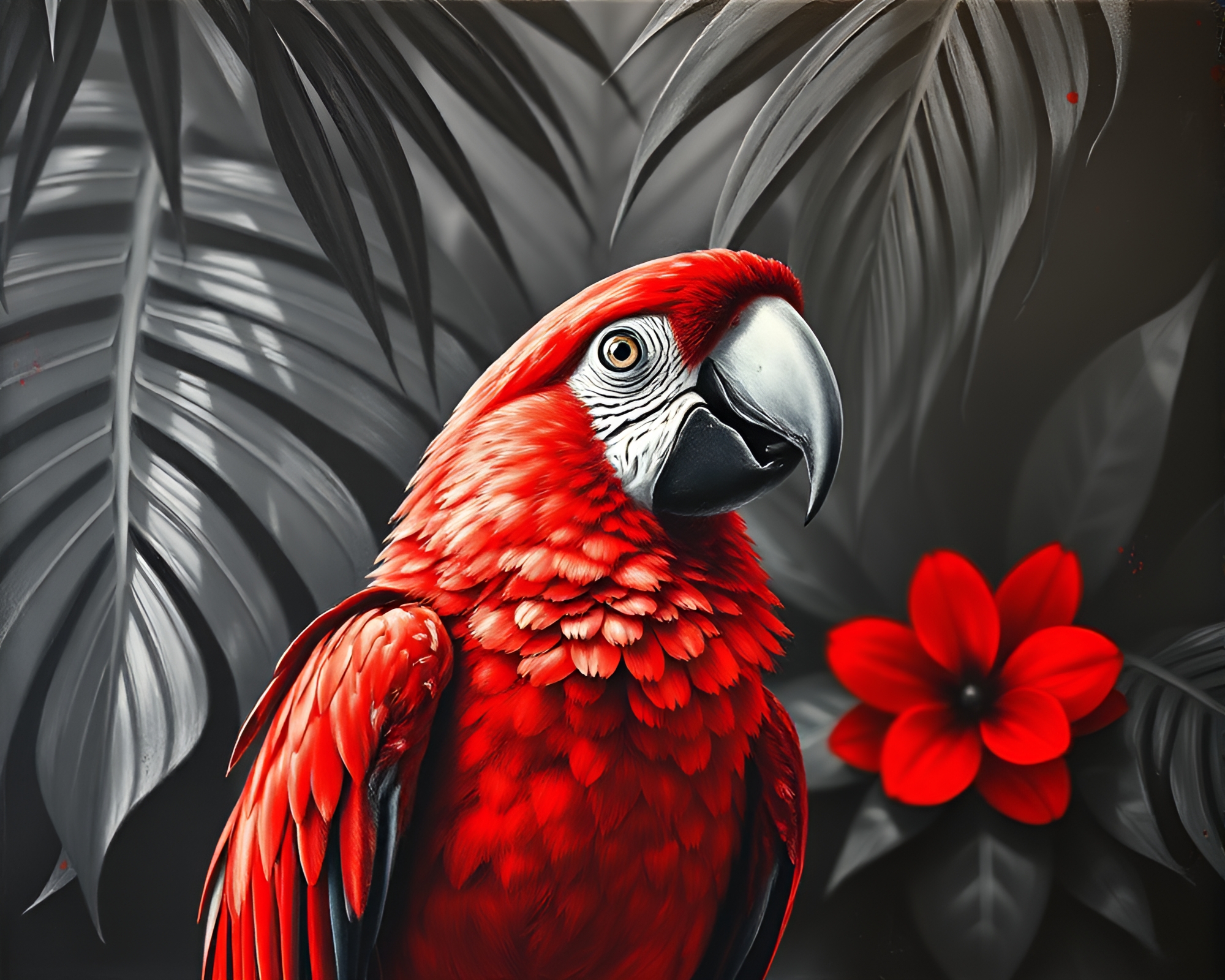 Vibrant Tropical Parrot in Monochrome Red Acrylic Painting – free AI stock image