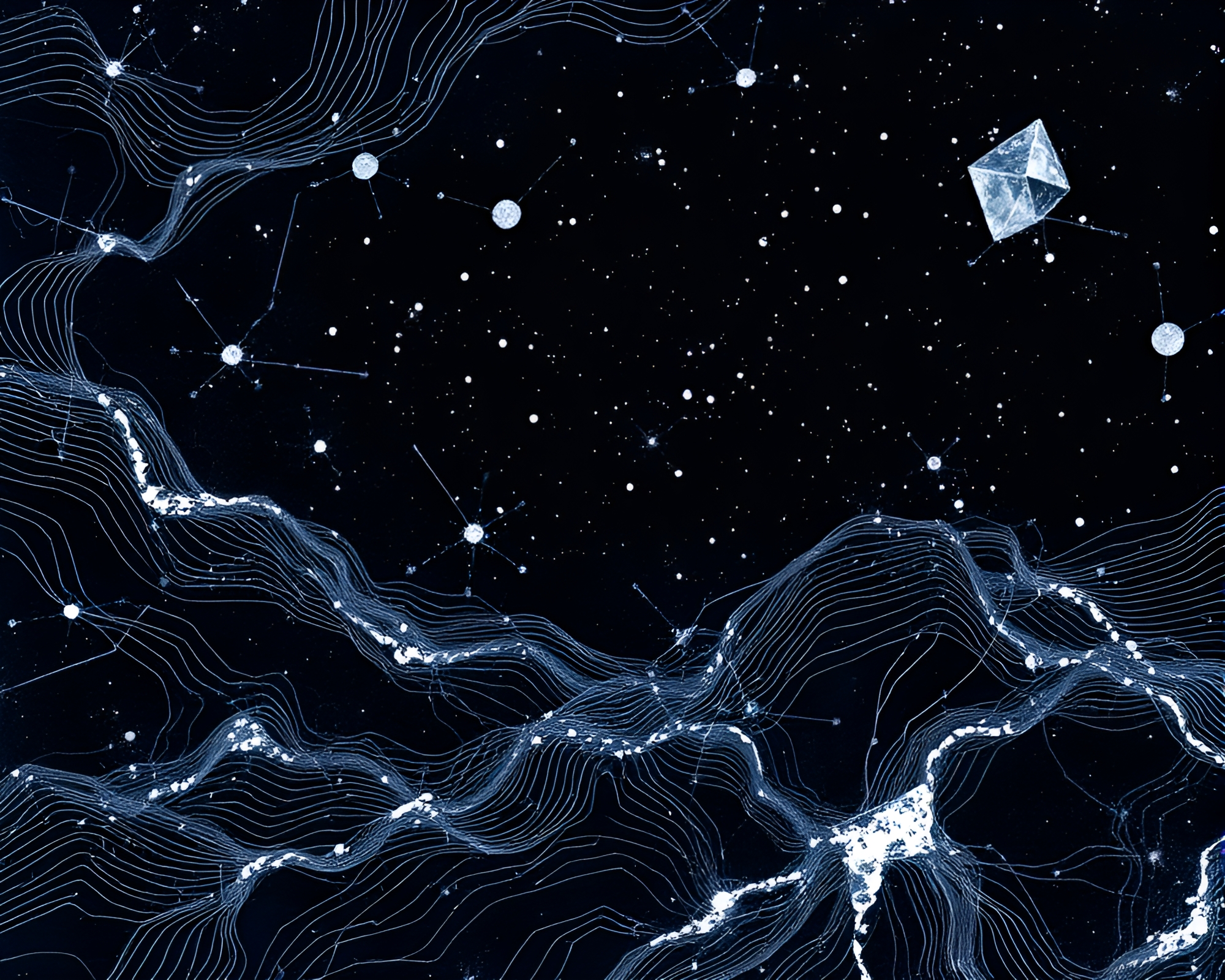 Ethereal Floating Crystal in Indigo Etching Lines – free AI stock image