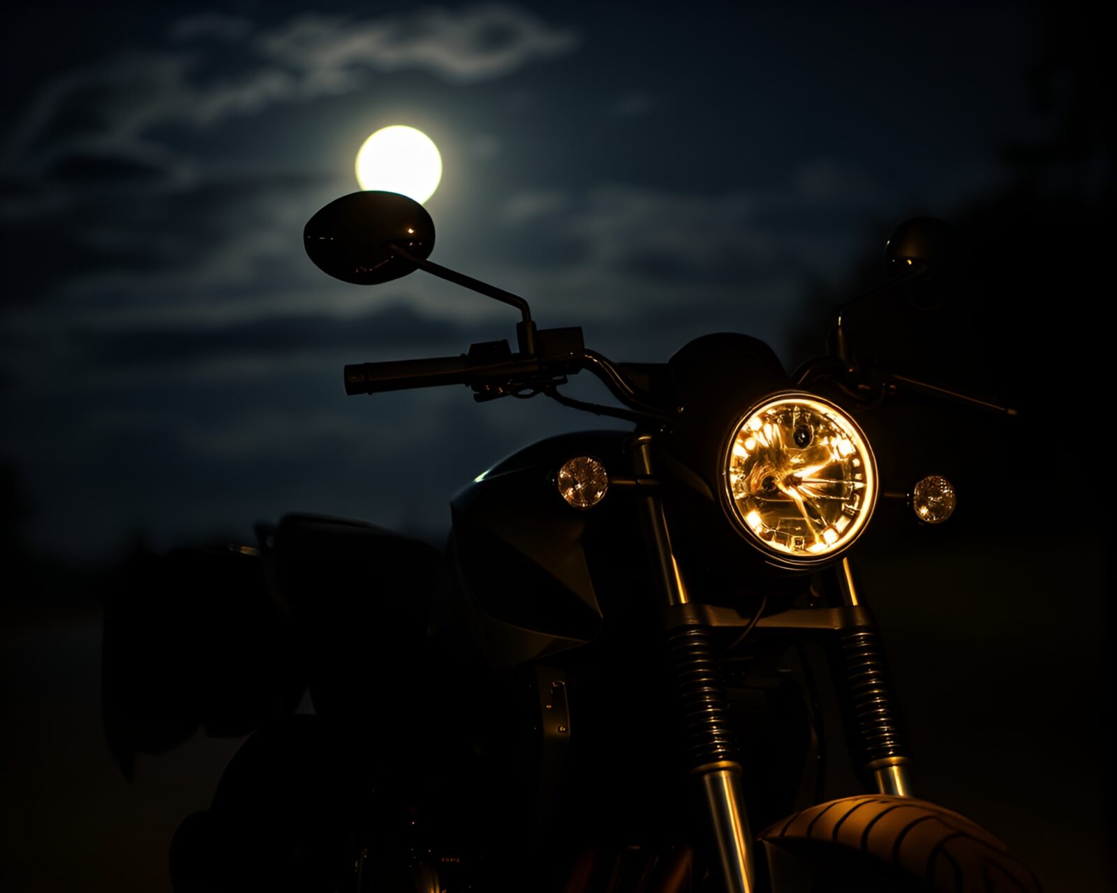 Motorcycle surrounded by fabric folds under moonlight