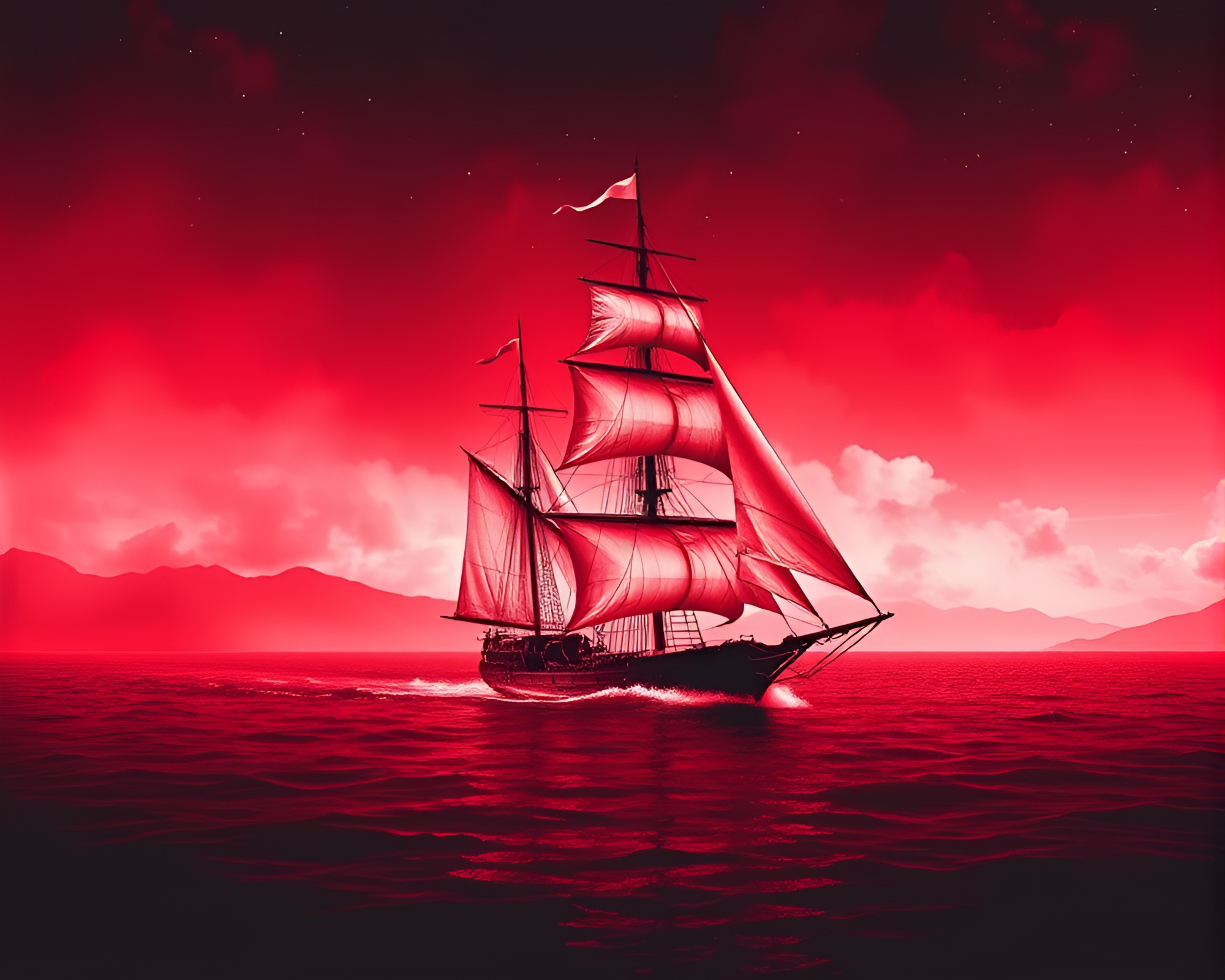 Fractal Vaporwave Pirate Ship Monochrome Red Art – free AI stock image