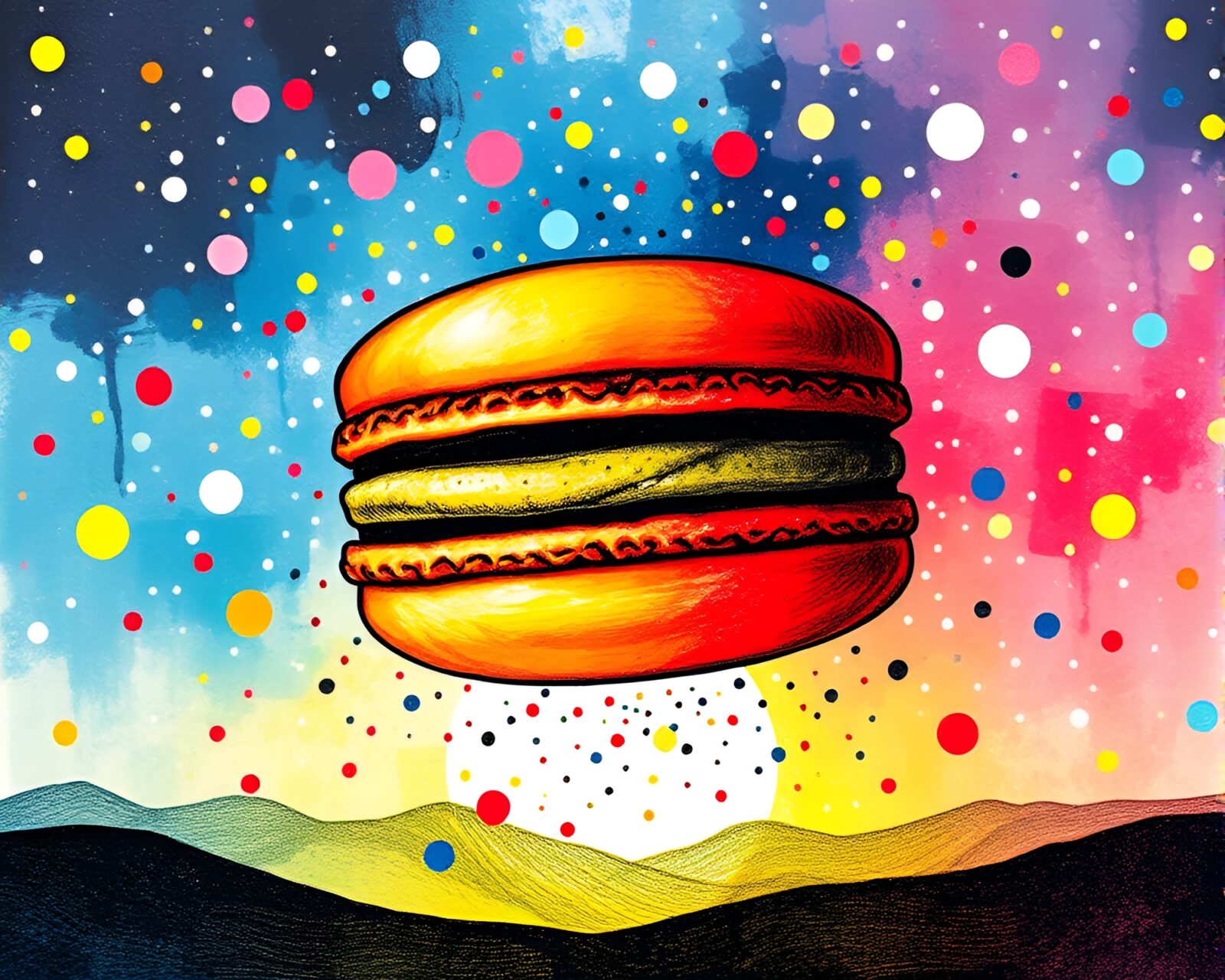 Vibrant macaron assortment arranged like confetti dots in landscape