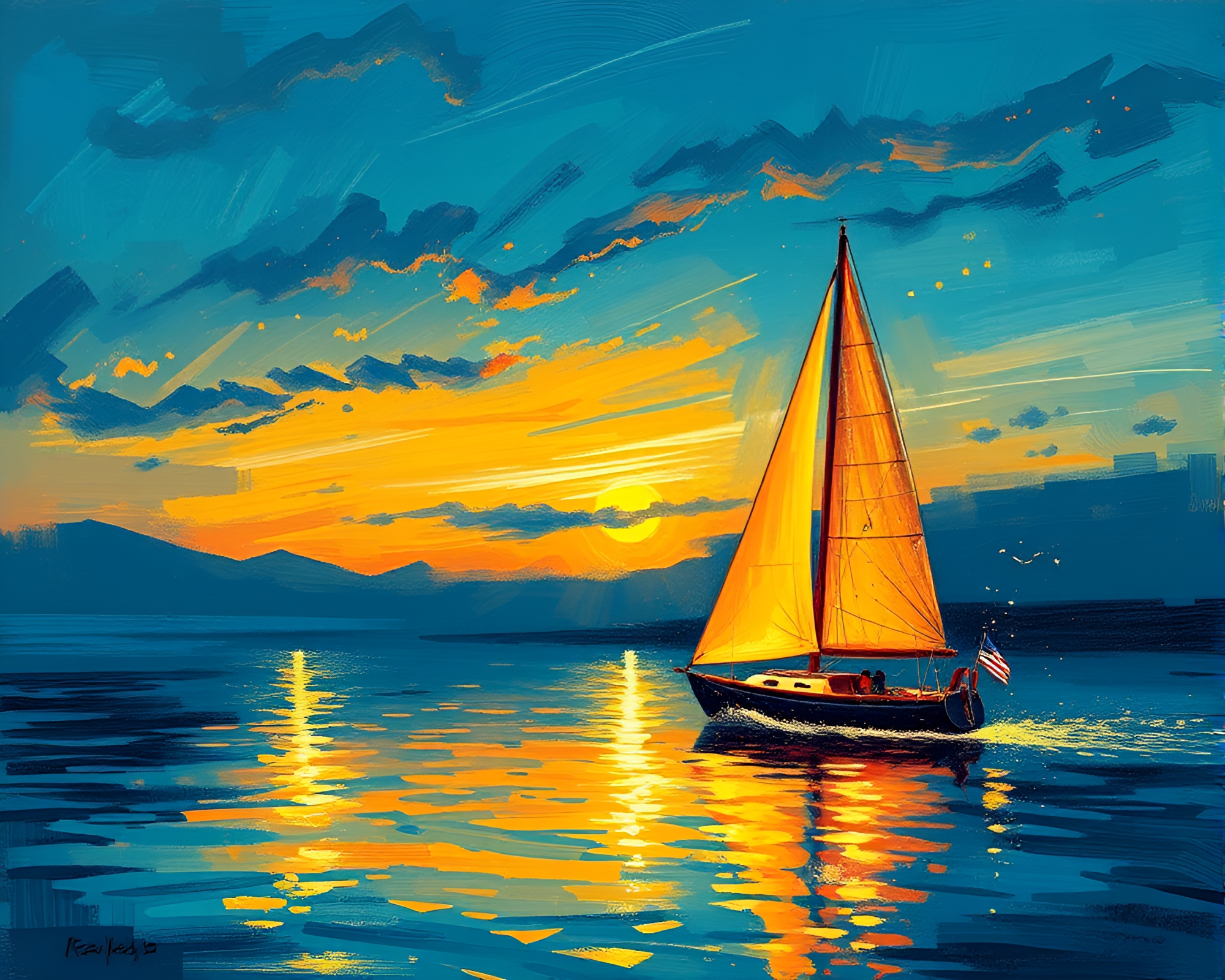 Solar Sailboat Journey at Golden Hour Palette Knife Painting – free AI stock image
