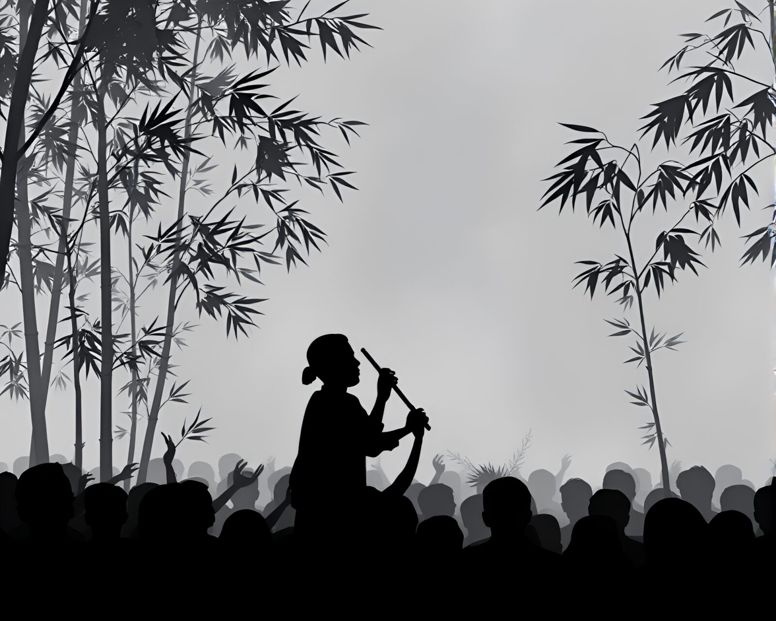 Generative adversarial network art of crowd silhouette with bamboo flute musician in graphite gray mood