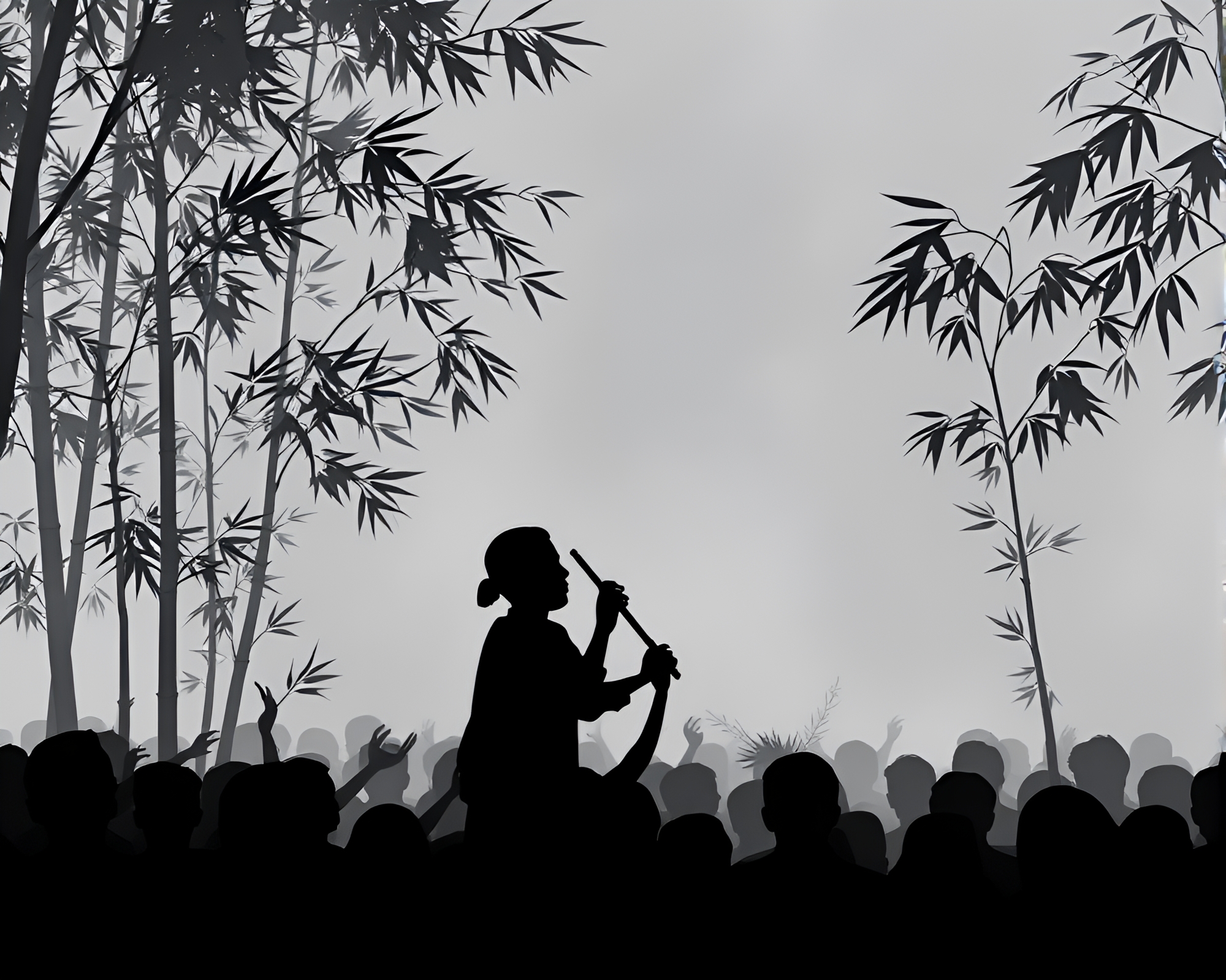 Bamboo Flute Serenade in Graphite Gray Silhouette Crowd – free AI stock image