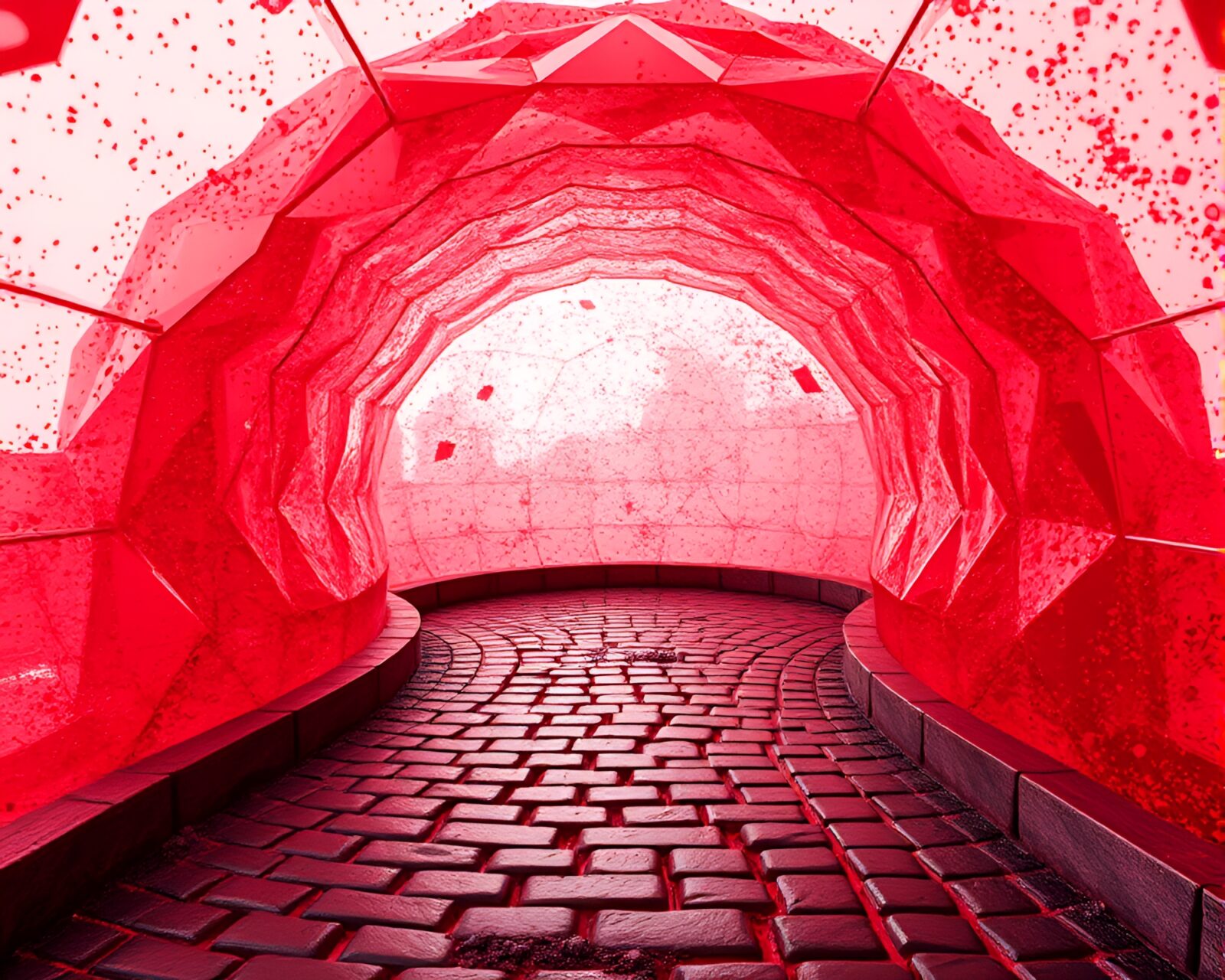 Whimsical glass igloo on vibrant red textured walkway