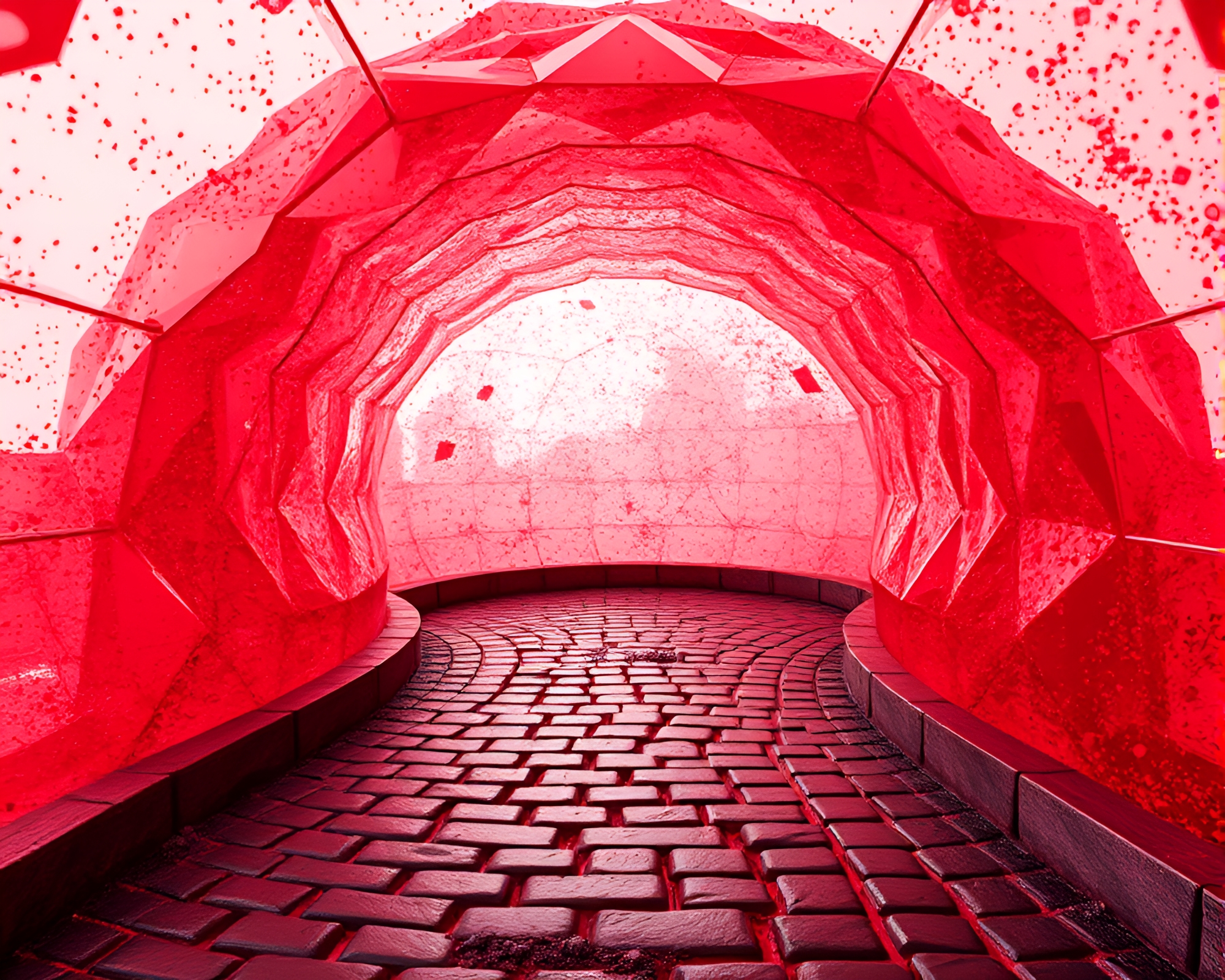 Glass igloo on monochrome red cobblestone path – free AI stock image