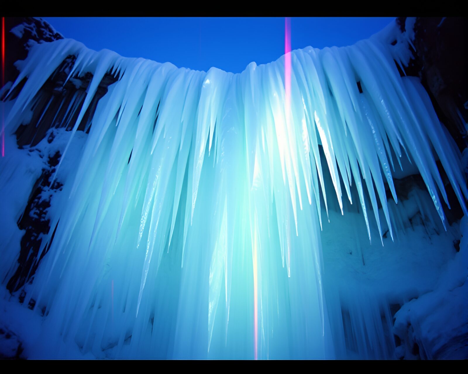 Ice crystals cascading down waterfall with scanlines effect