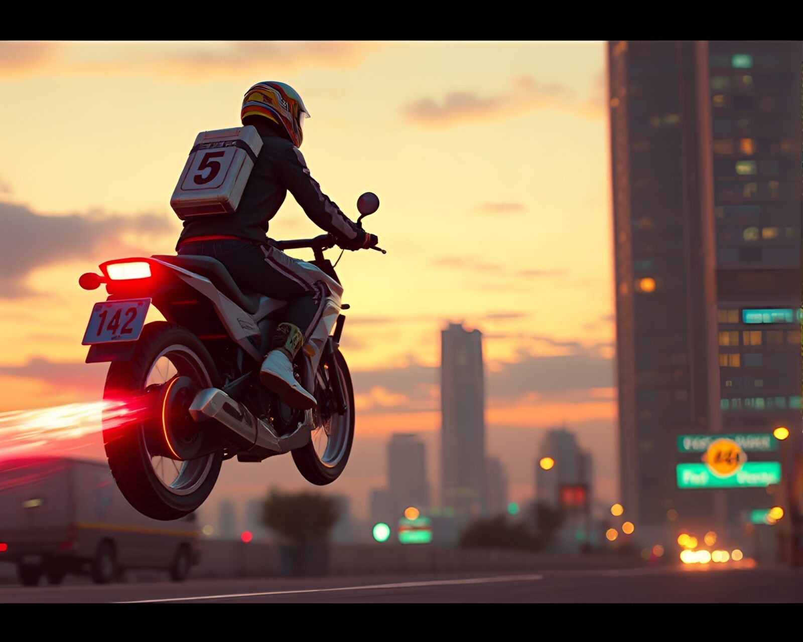 Retro-futuristic hoverbikes speeding through glitchy golden hour skies