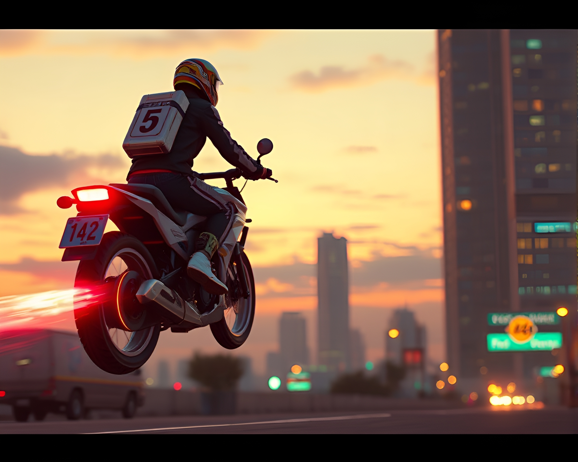 Glitch Hoverbike Racing at Sunset – free AI stock image