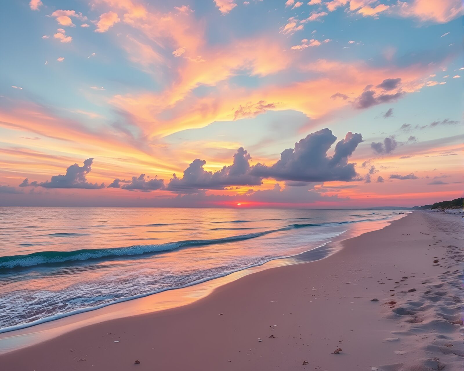 Photorealistic sunrise beach chalk art scene with pastel sky