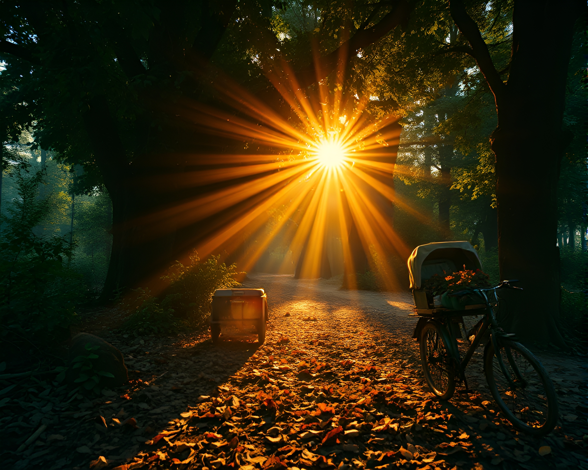 Enchanting Rickshaw Ride Through Autumn Forest – free AI stock image