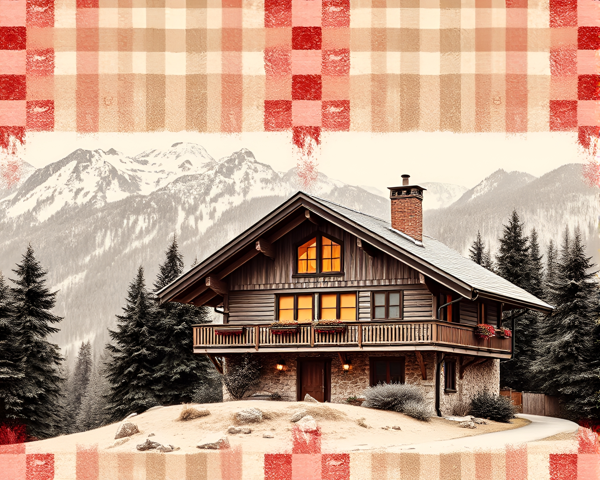 Alpine Chalet with Checkered Pattern Walls in Duotone – free AI stock image