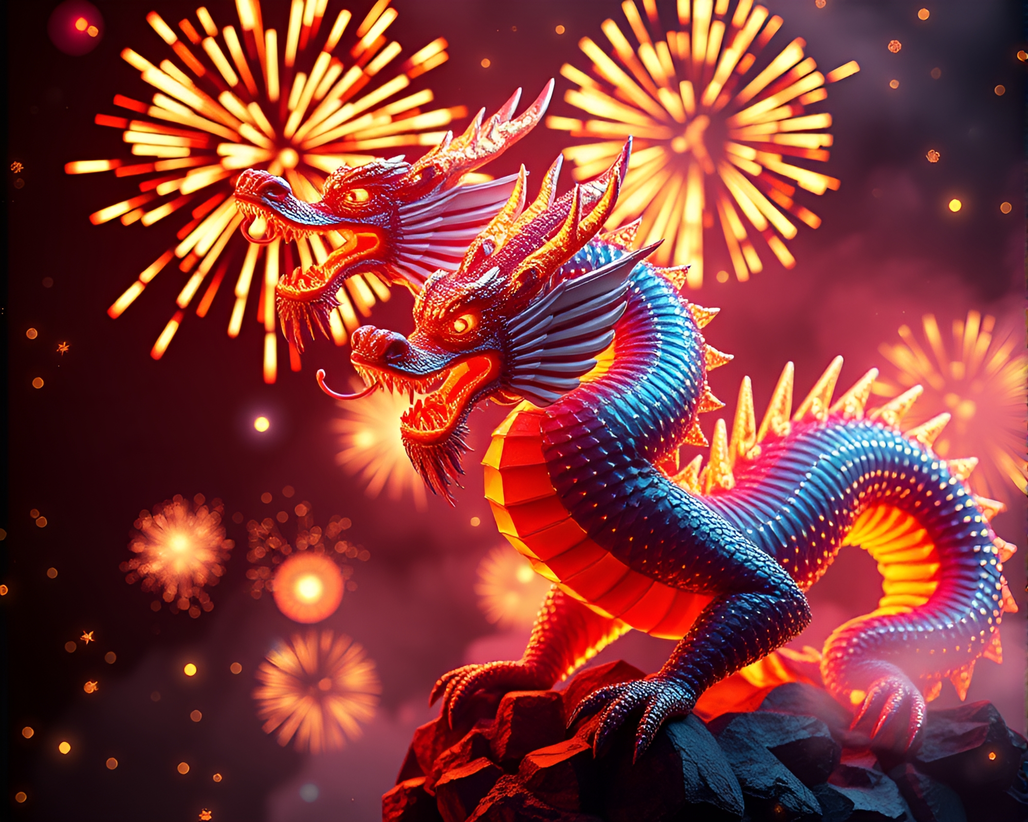 Celestial Dragon Festival Fireworks Voxel Art – free AI stock image