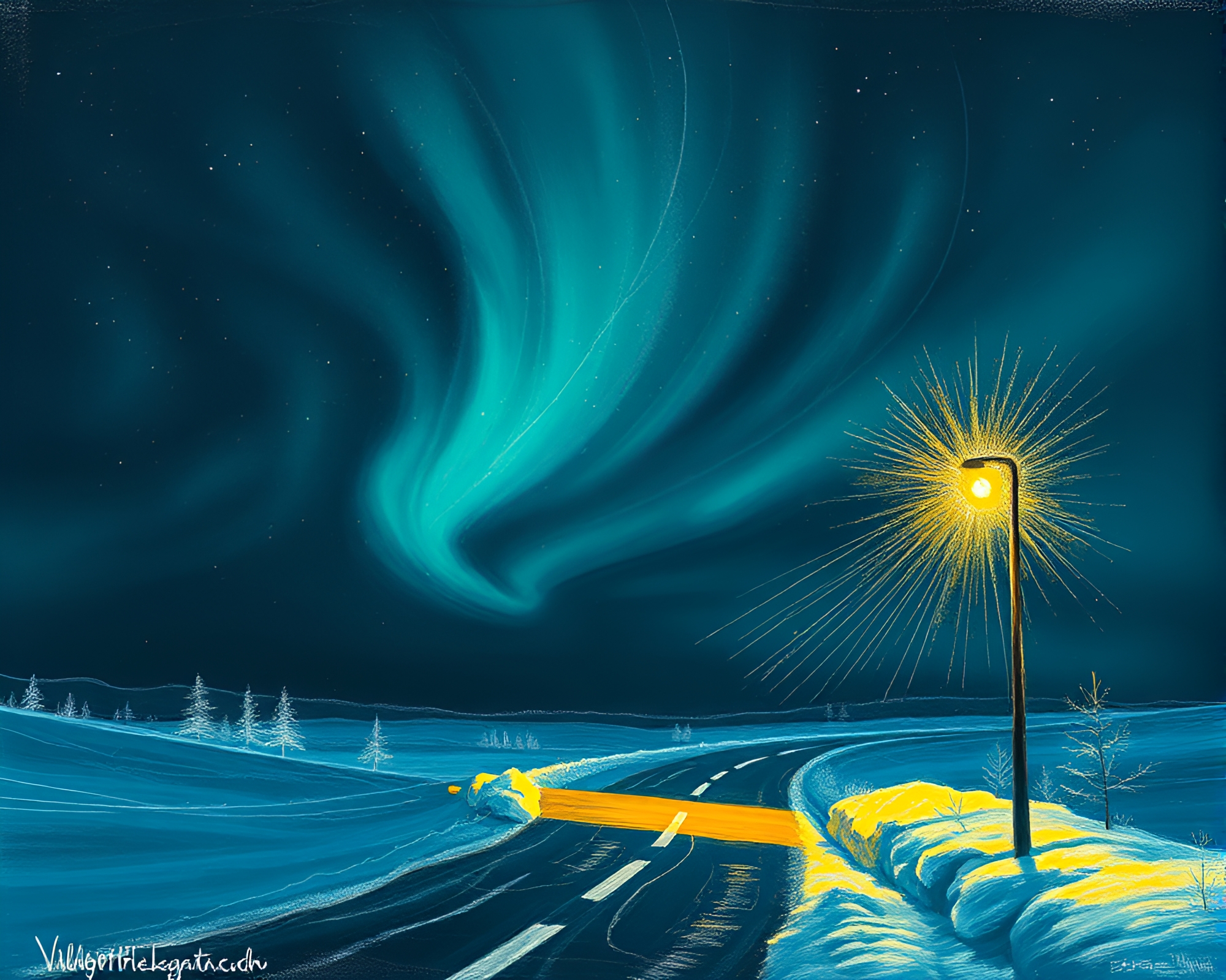 Northern Tundra Streetlamp Glow Chalkboard Drawing Art – free AI stock image