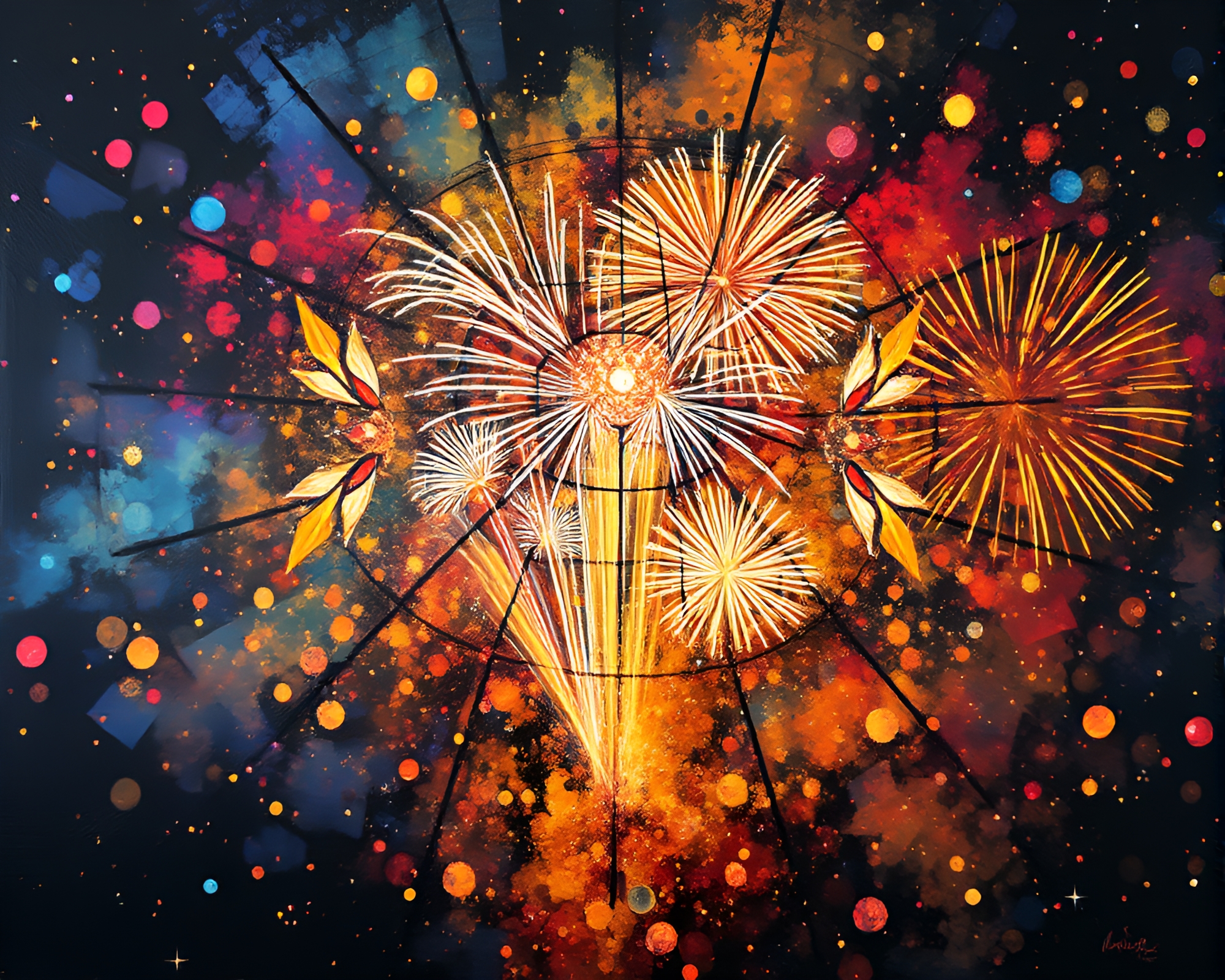 Vibrant Stained Glass Dome with Explosive Fireworks Display – free AI stock image