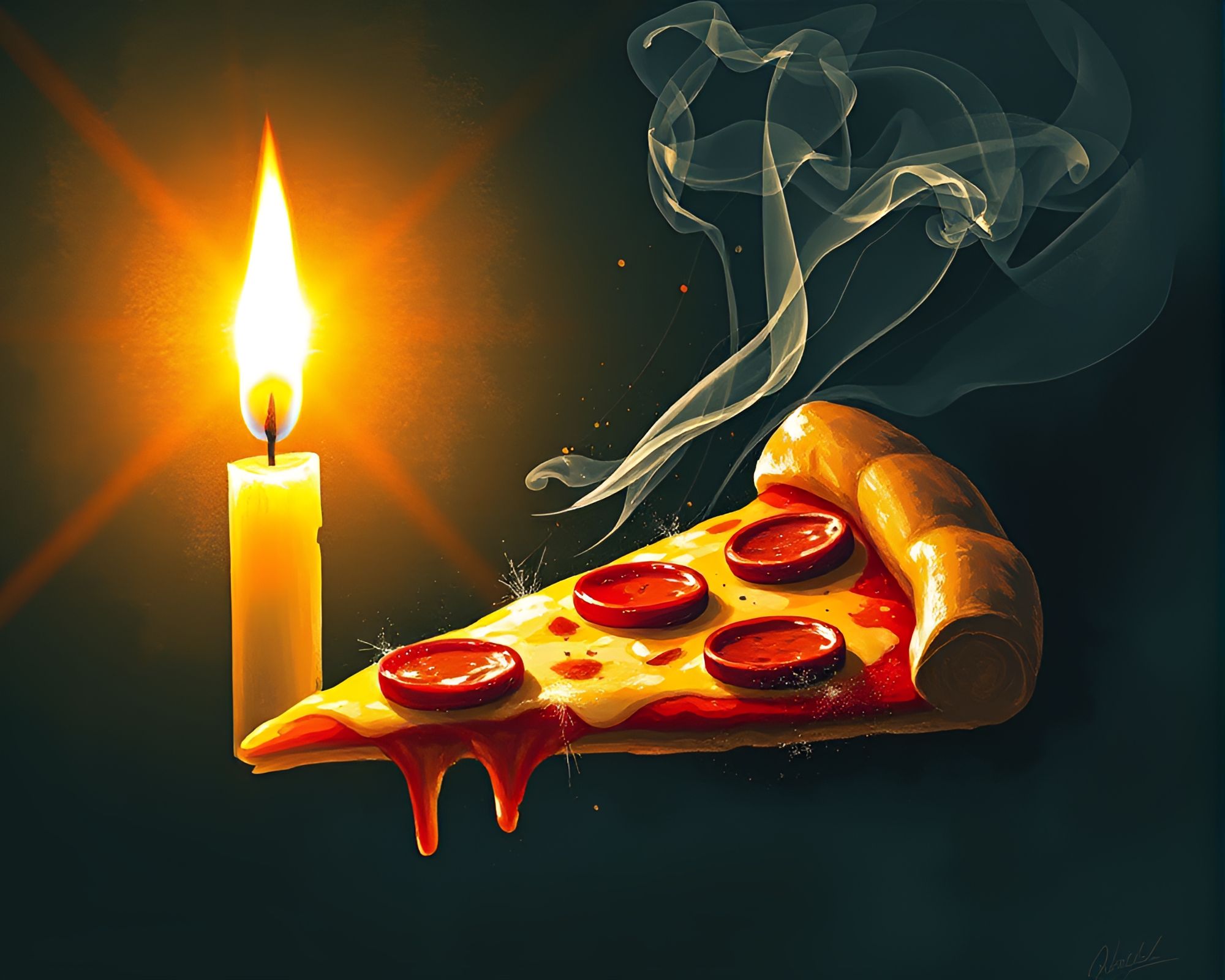 Surreal Pizza Slice in Solar Flare Candle Smoke – free AI stock image