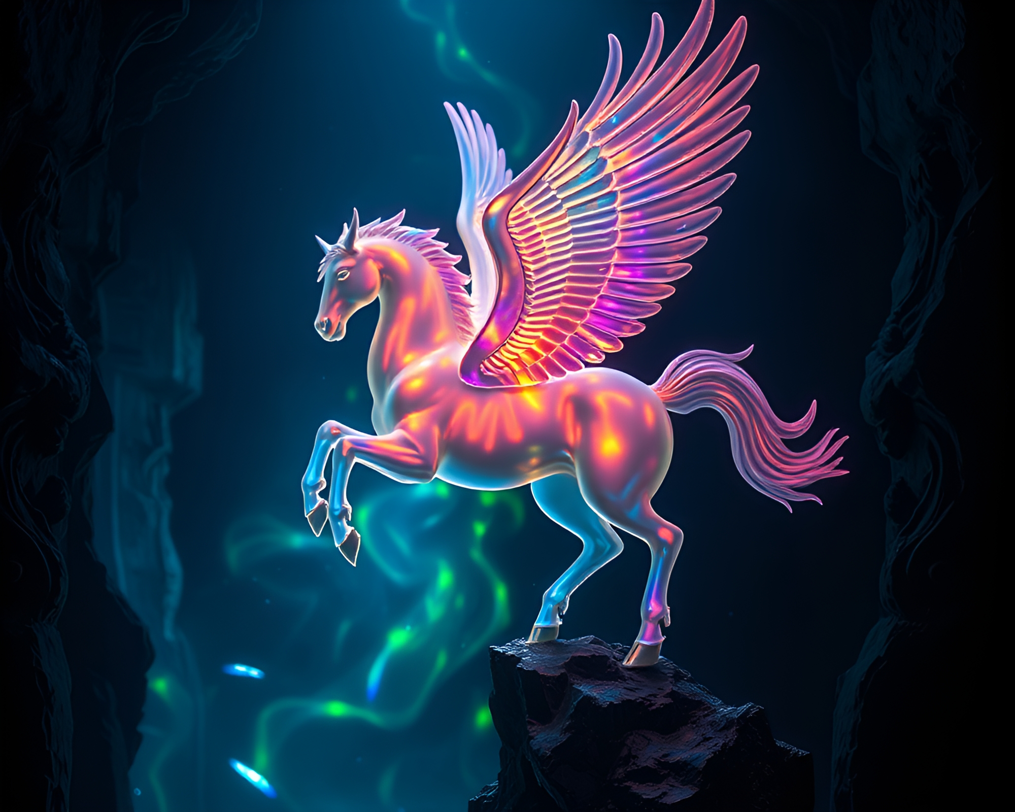 Iridescent Pegasus in Dungeon Torchlight – free AI stock image