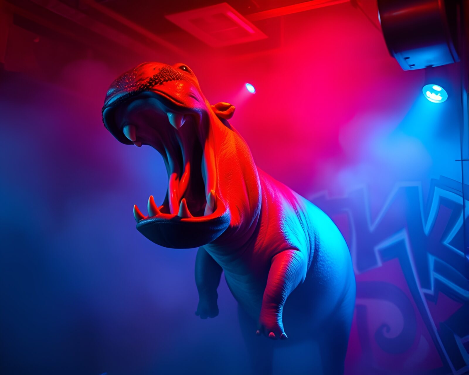 Hippopotamus illuminated by blue strobe lights in foggy graffiti setting