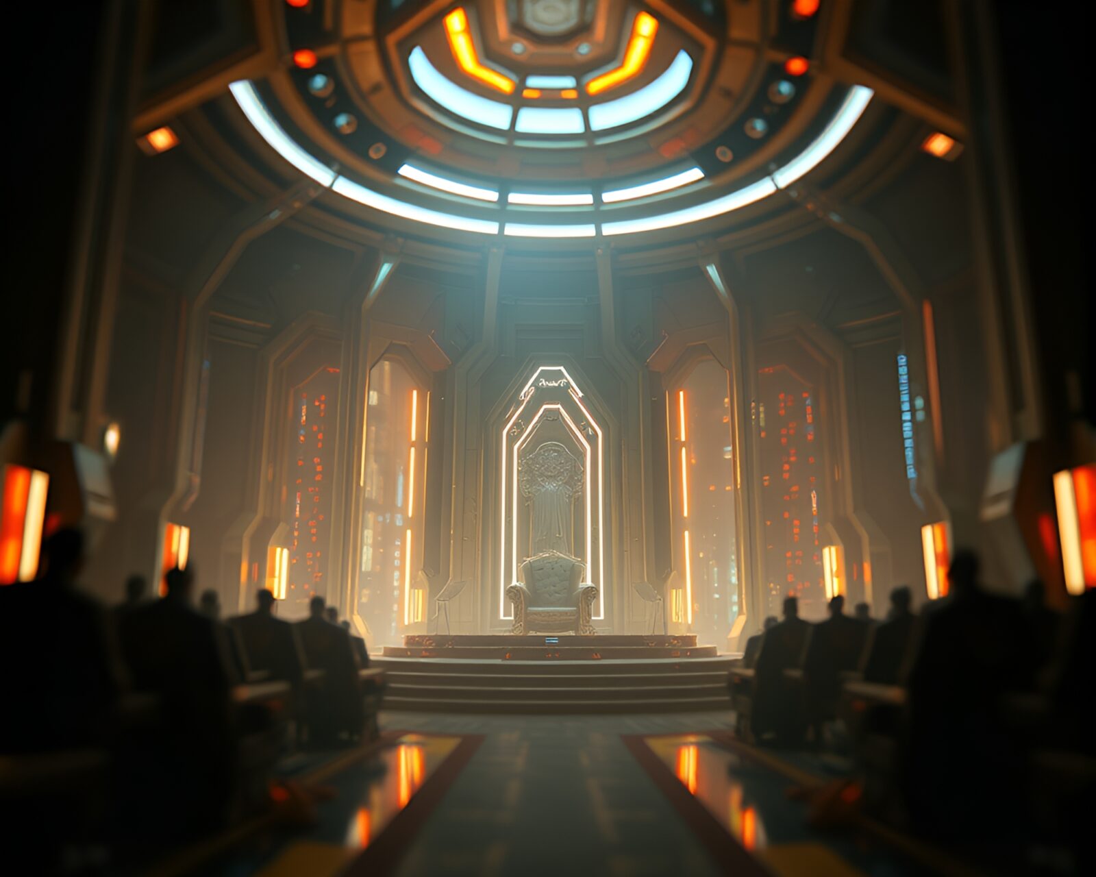 Glowing throne room with grainy texture and shallow focus