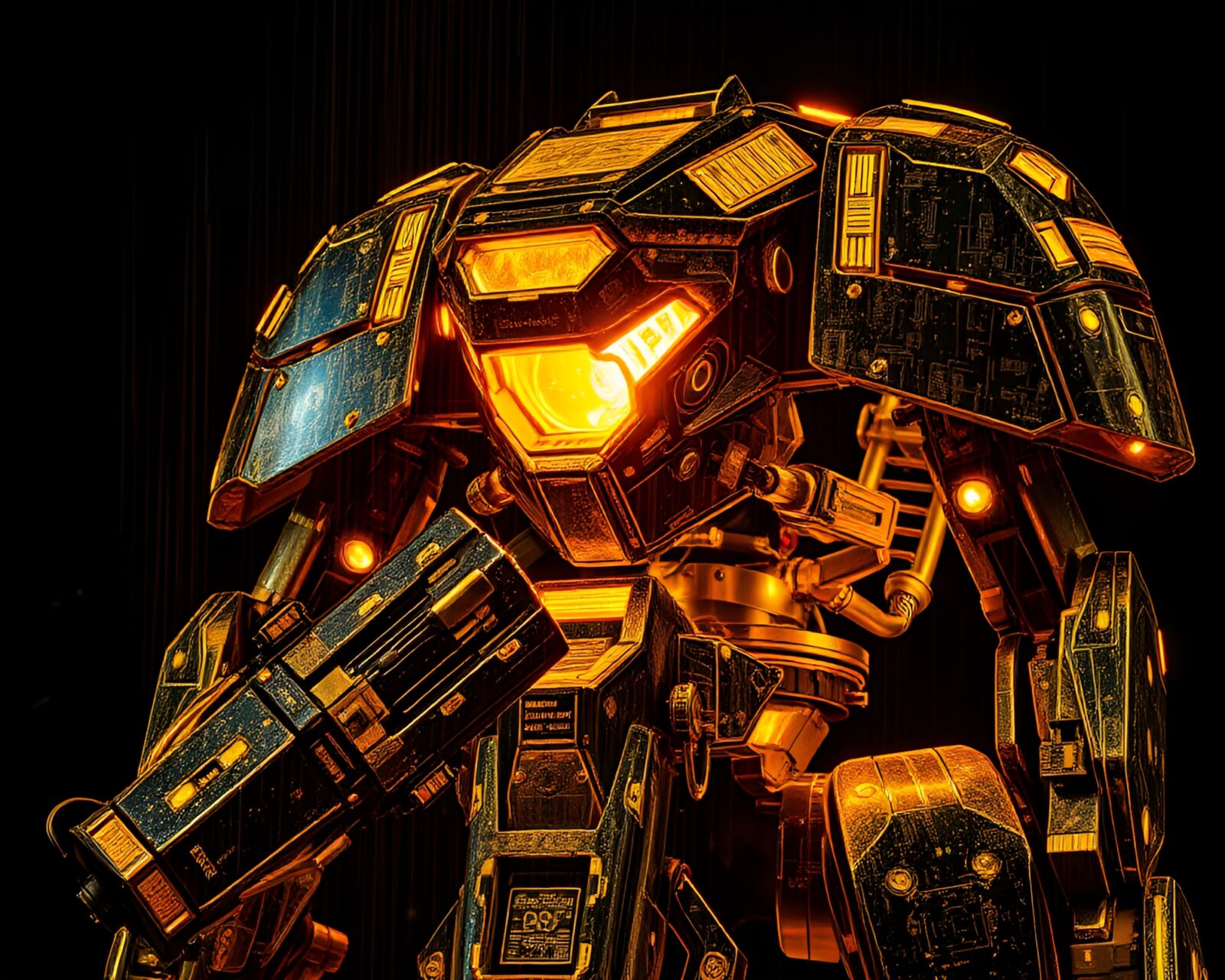 Engraved details of a battle mech in golden savannah light