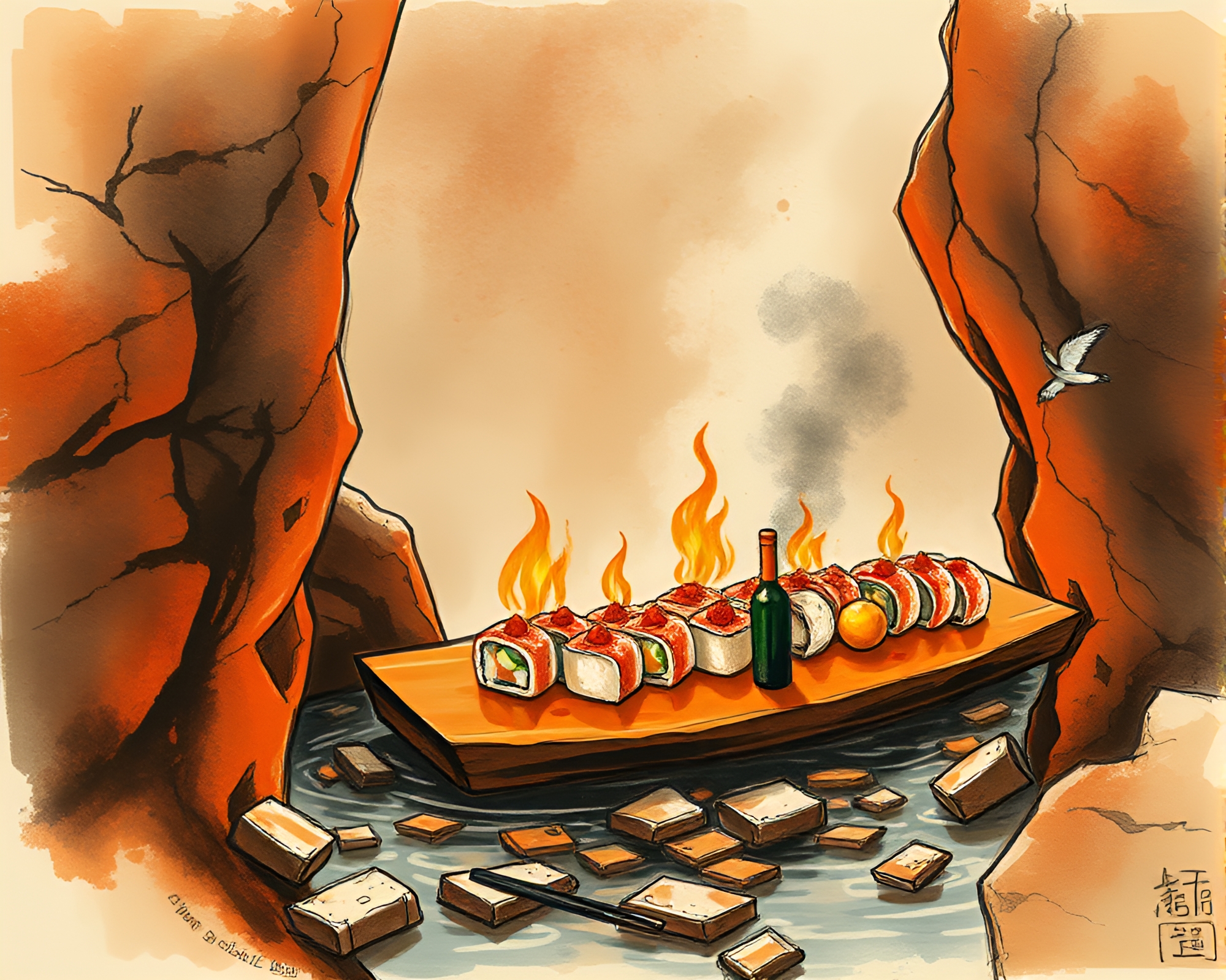 Floating Embers Sushi Platter in Charcoal Sketch – free AI stock image