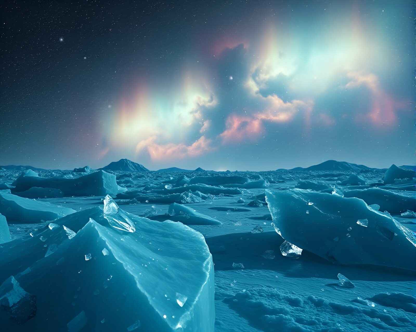 Shattered celestial glass against eerie whiteout backdrop