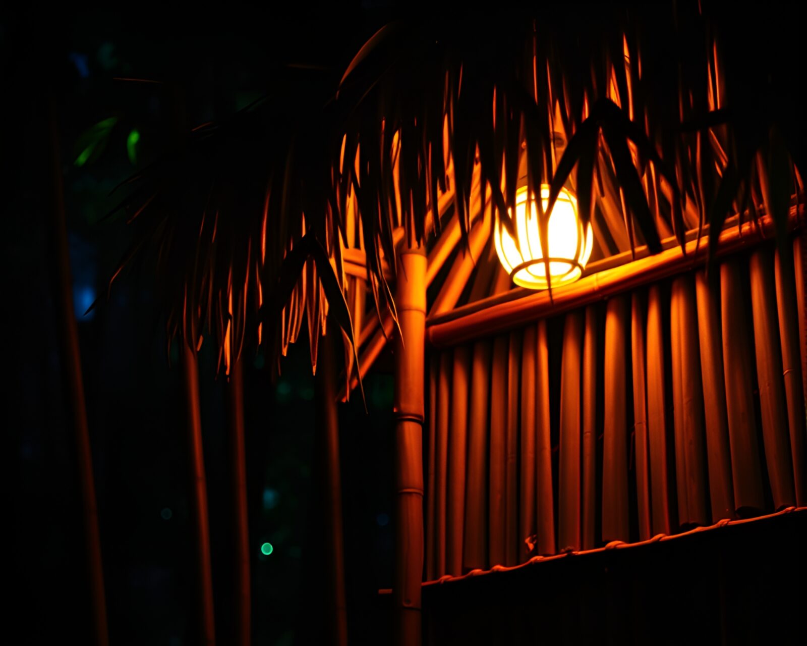 Enchanting bamboo hut illuminated by magical bioluminescent glow