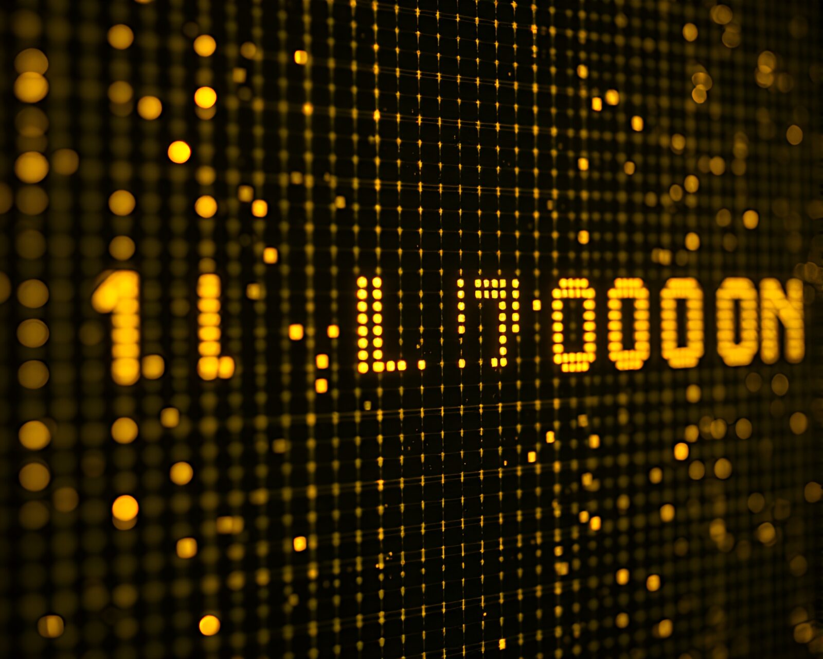 Glowing LED grid displaying intricate Morse code with bronze sheen