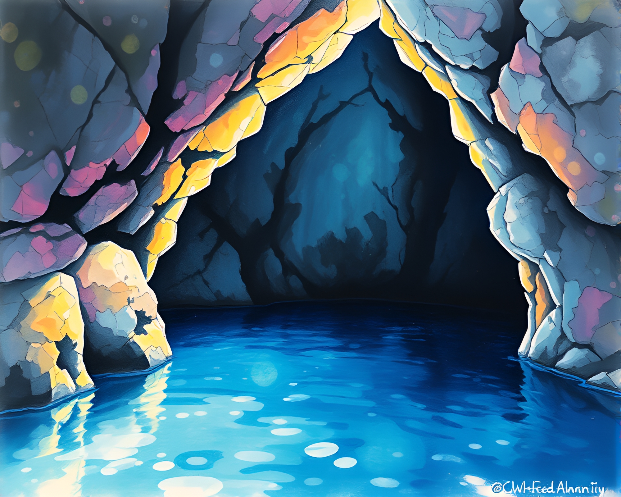 Pastel Cavern Illuminated by Mosaic Ink Splashes – free AI stock image
