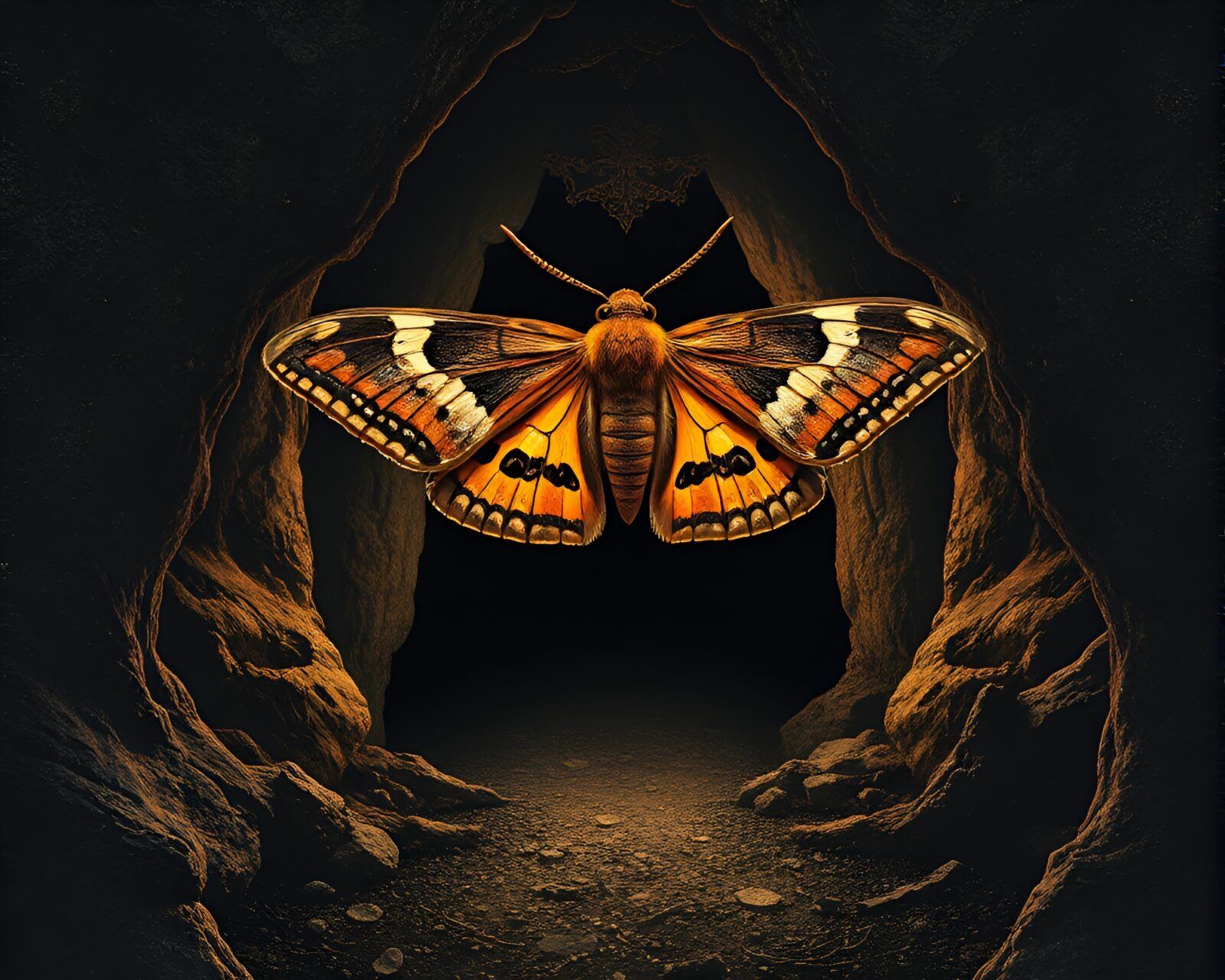 Moth emerging from dark cave with unique collage style