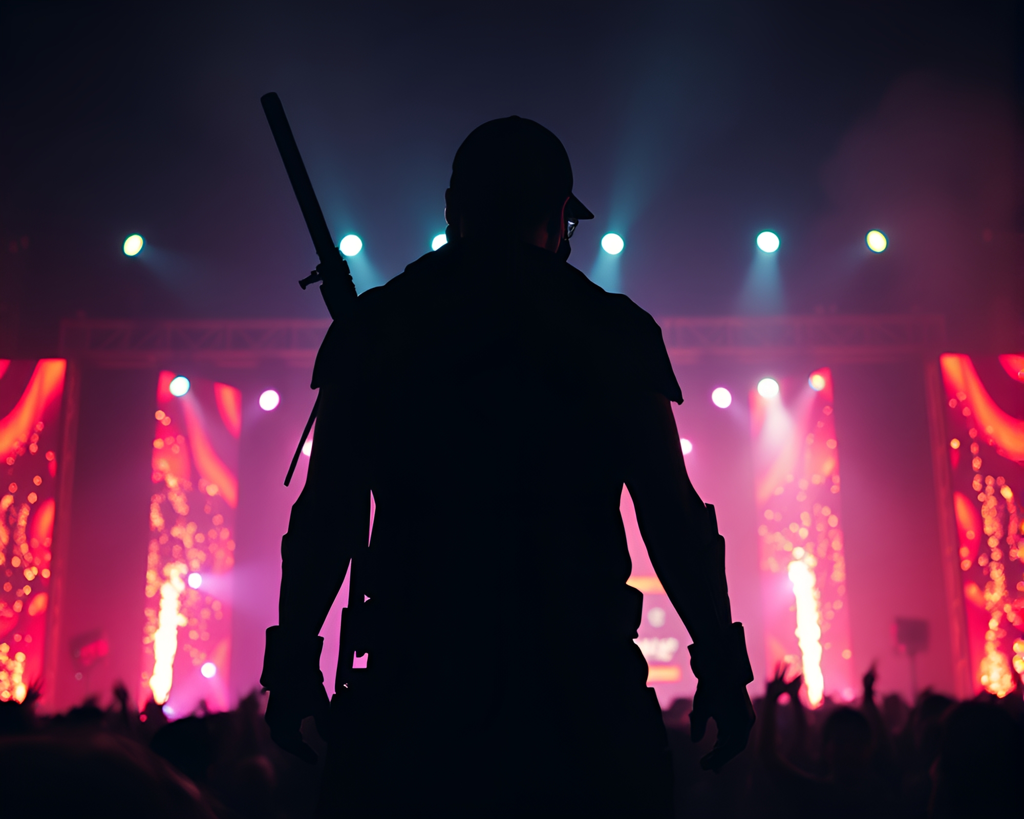 Cyberpunk Vigilante in Crowd Lit Stage Lights – free AI stock image
