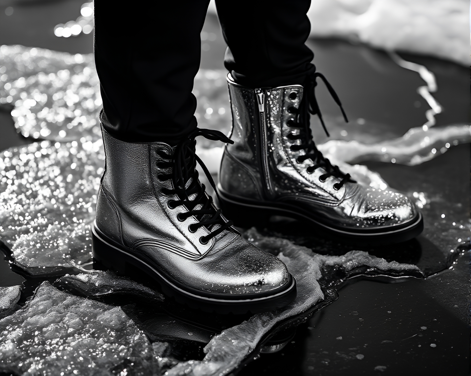 Frozen Gravity: Boots in Ice Crack Reflection – free AI stock image