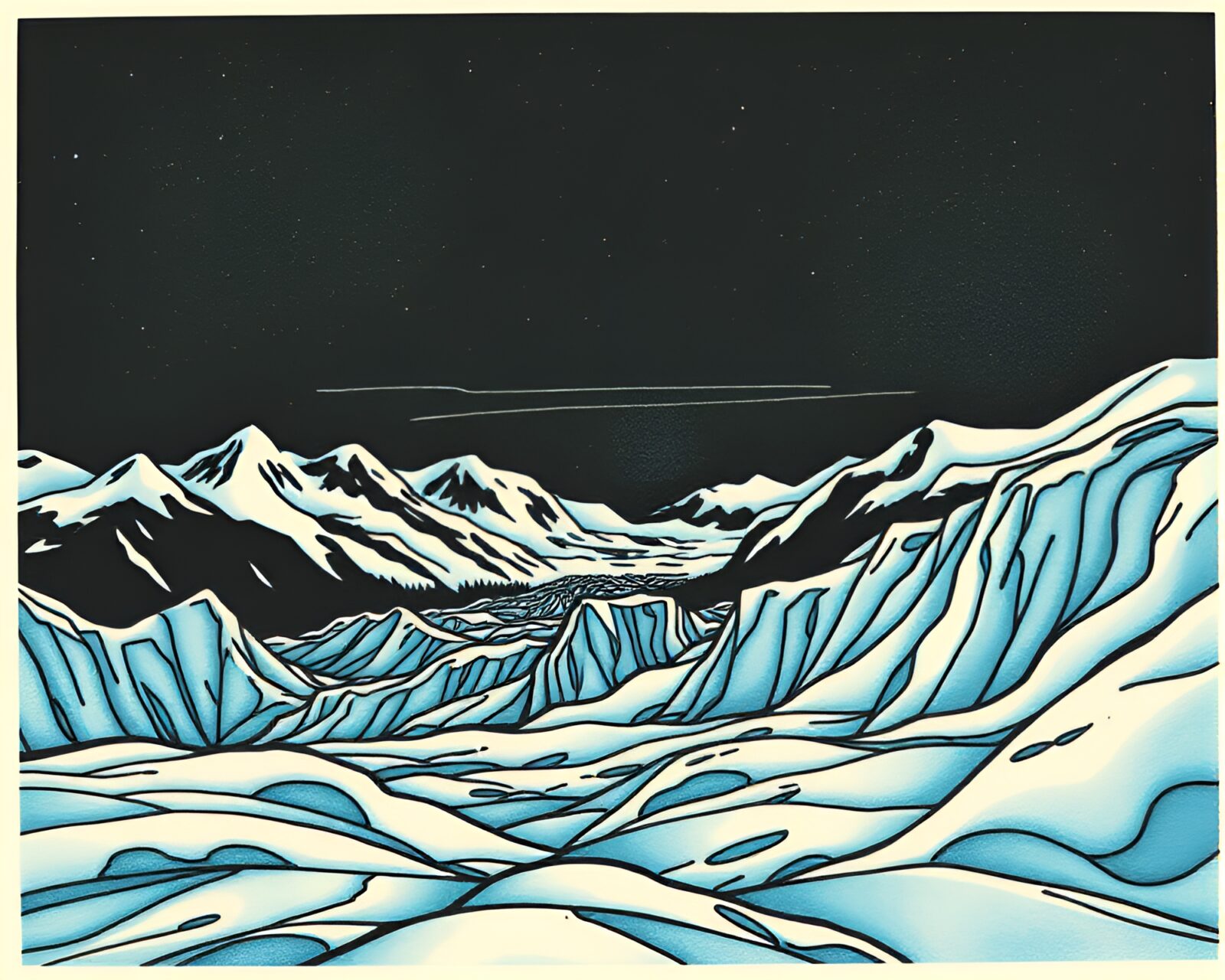 A mesmerizing glacier scene painted in tattoo flash art