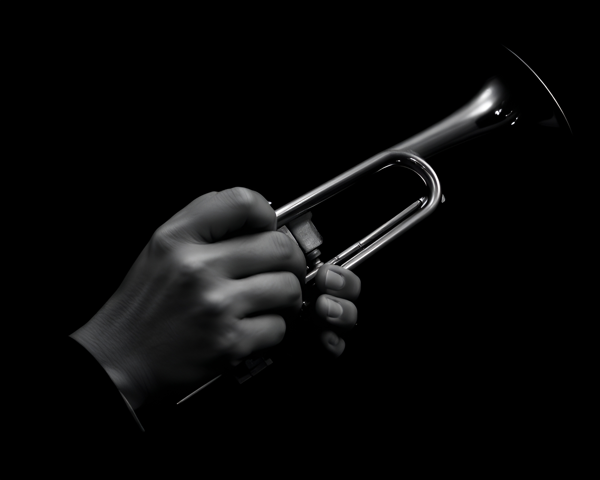 Mysterious Trumpet Player in Noir Cityscape – free AI stock image