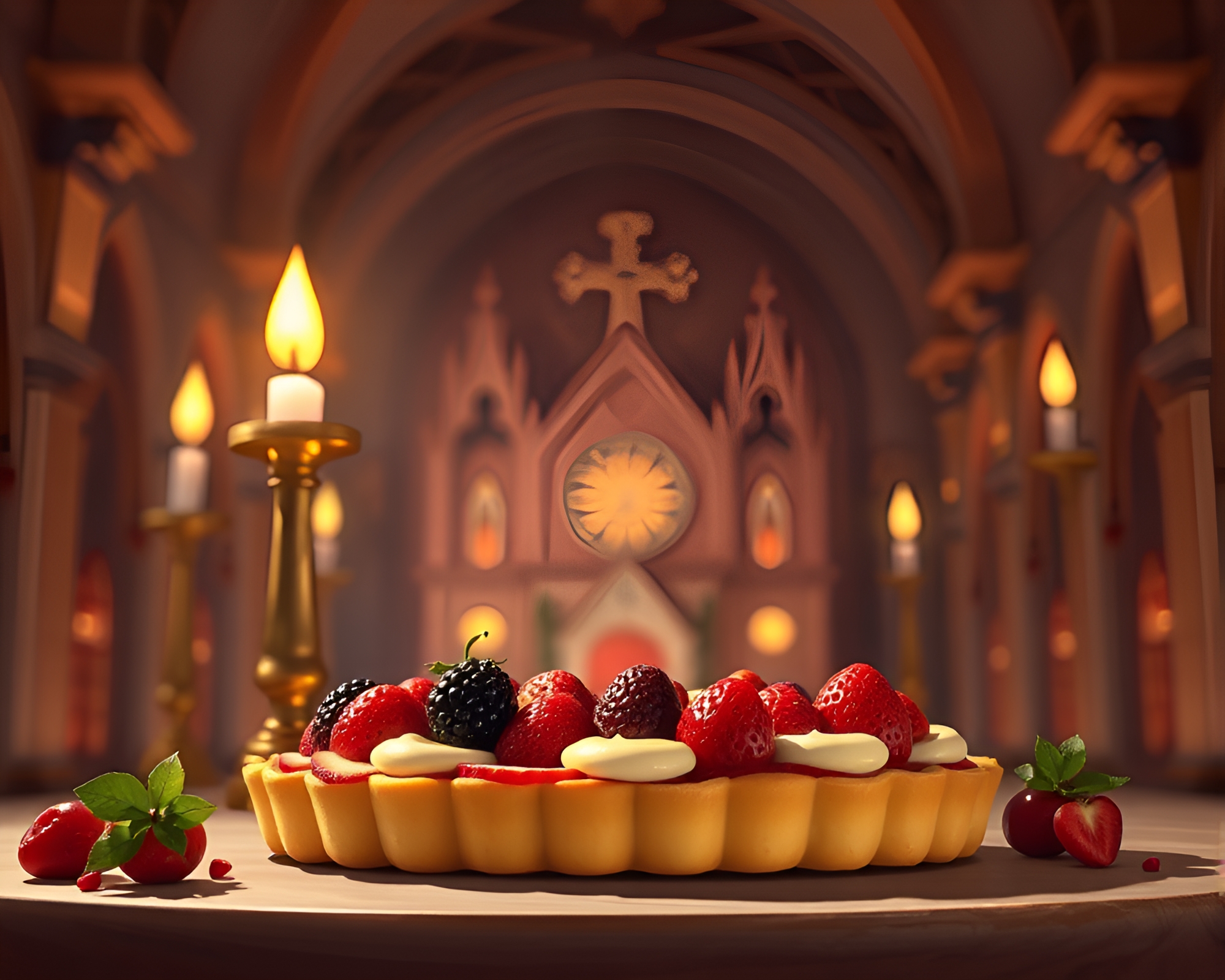 Fruit Tart Illuminated by Church Candle Toon Light – free AI stock image