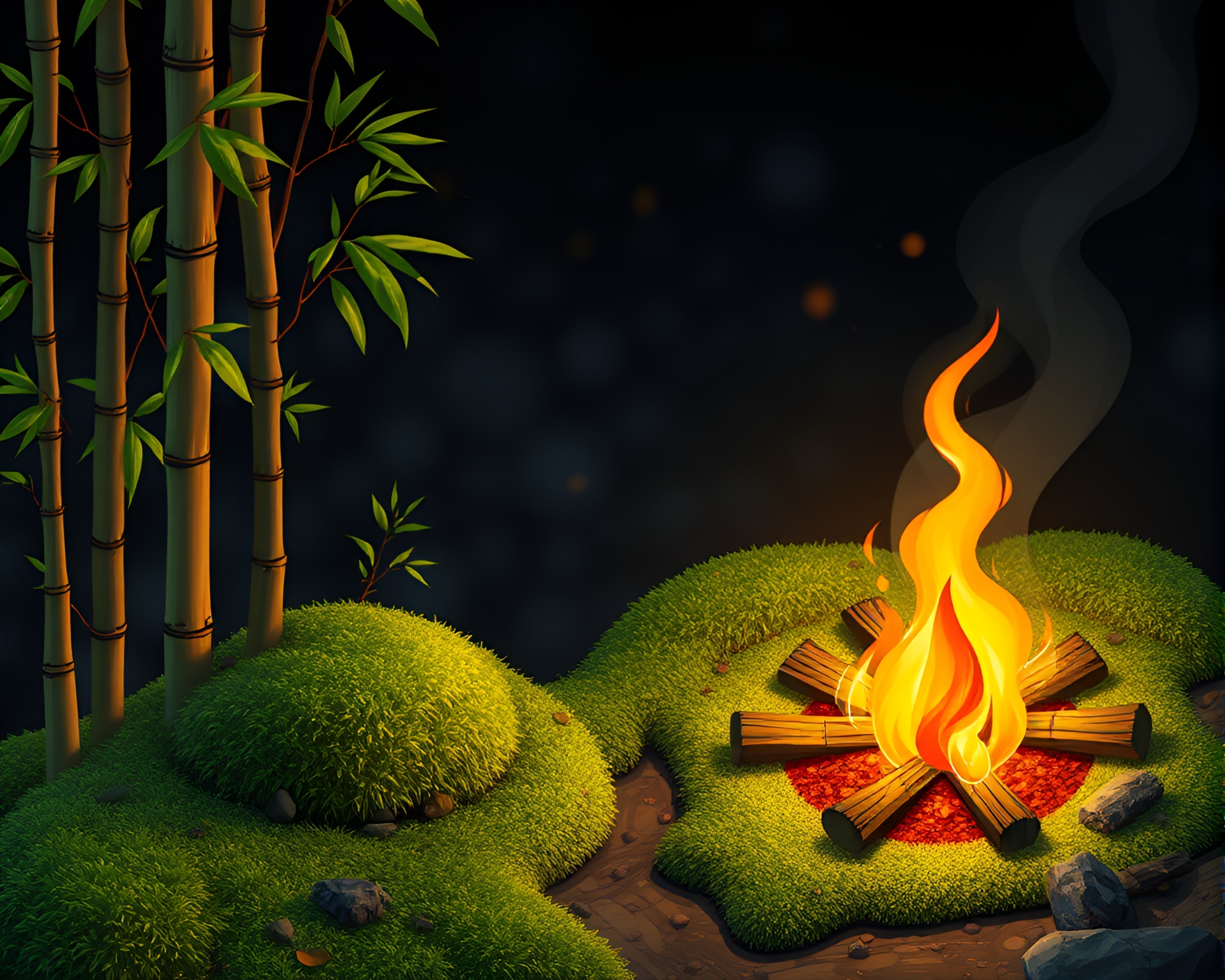 Mossy Bamboo Grove with Bonfire Glow – free AI stock image
