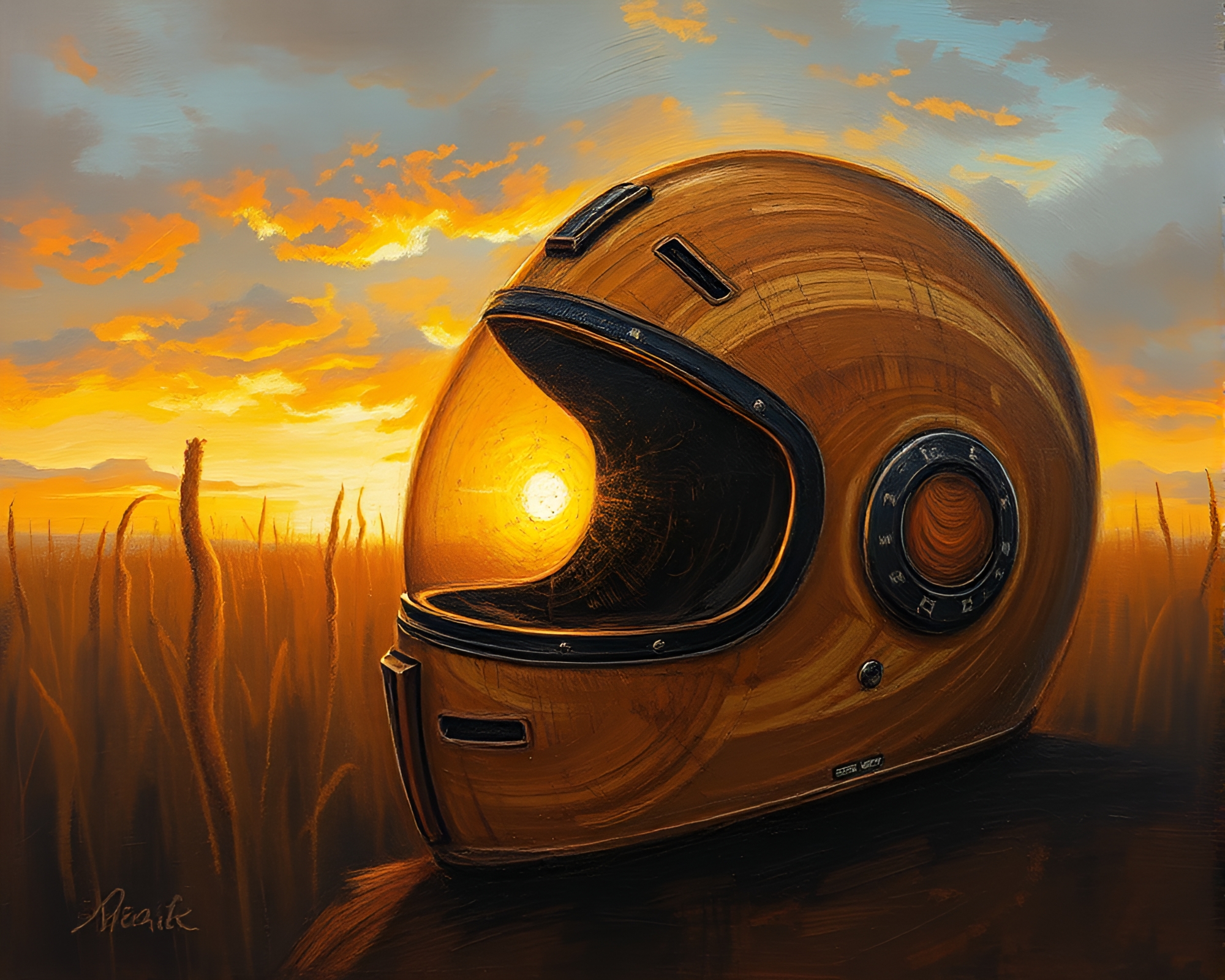 Helmet engraved in glistening wood grain at dusk – free AI stock image