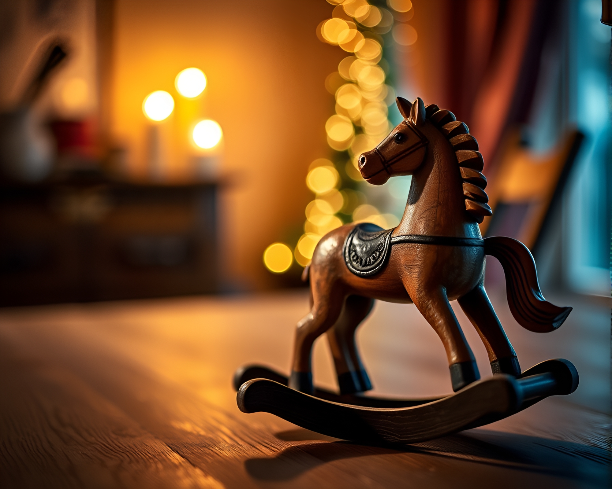 Enchanted Candlelit Wooden Rocking Horse – free AI stock image