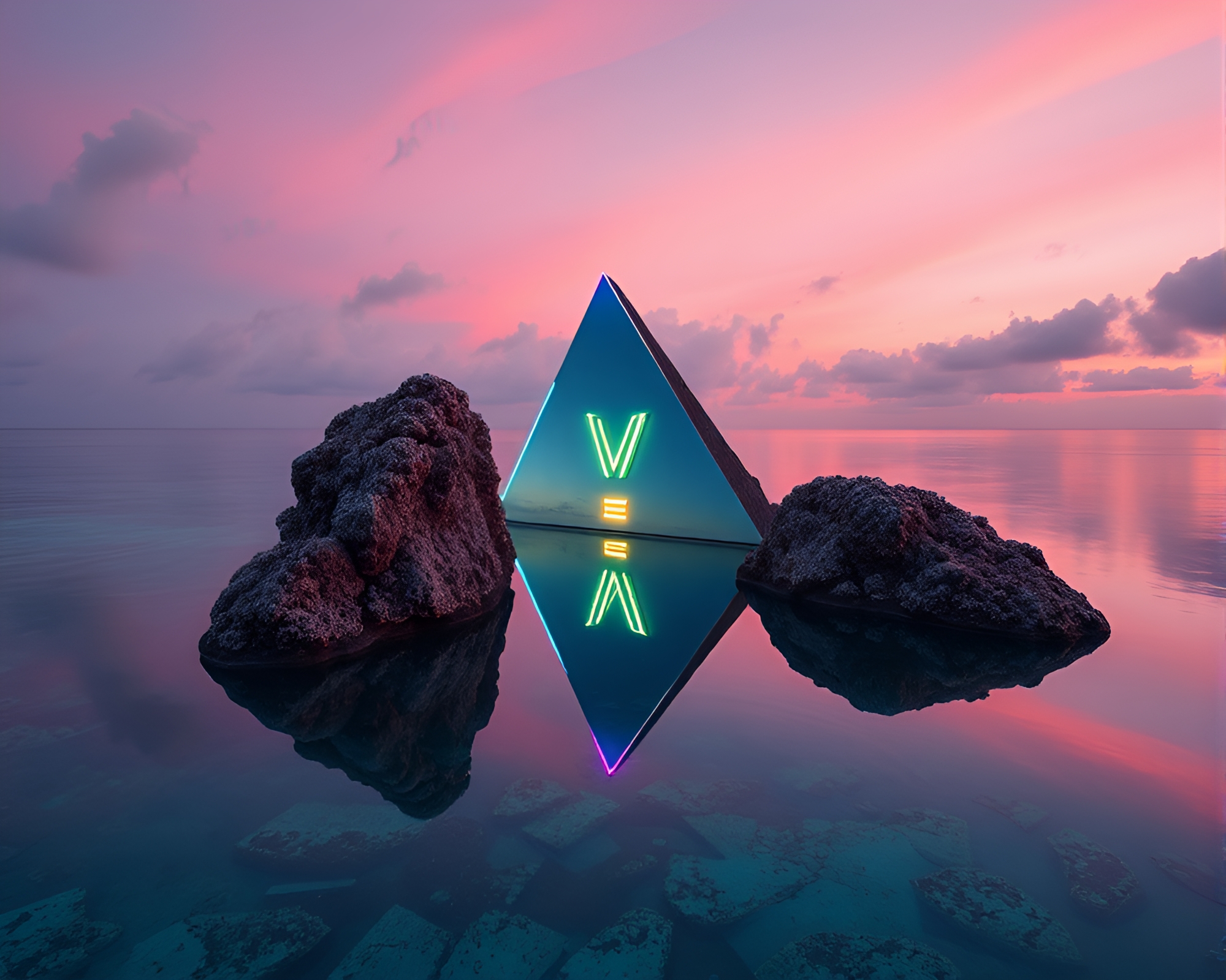 Utopian Neon Coral Atoll Reflecting in Mirror Shard – free AI stock image