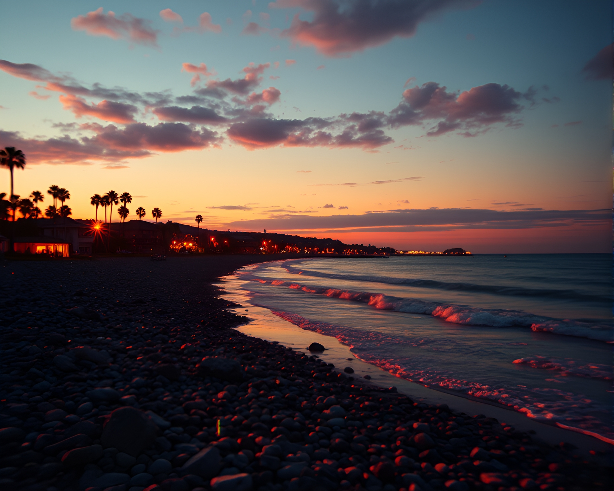 Glitched Pebble Beach at Golden Hour with Tattoo Flash Art – free AI stock image