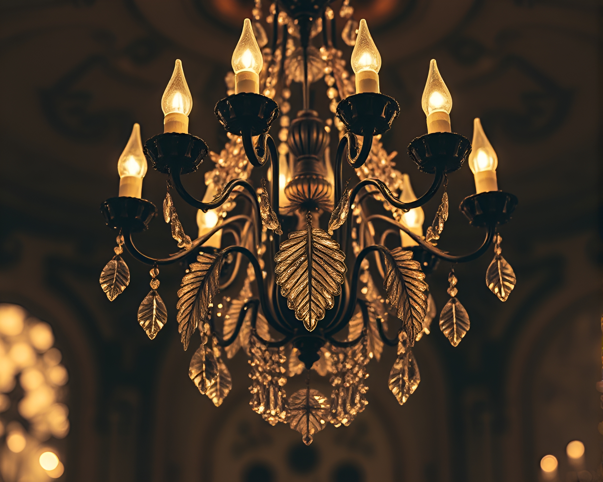 Victorian Chandelier Illuminated with Leaf Vein Pattern Bokeh Lights – free AI stock image