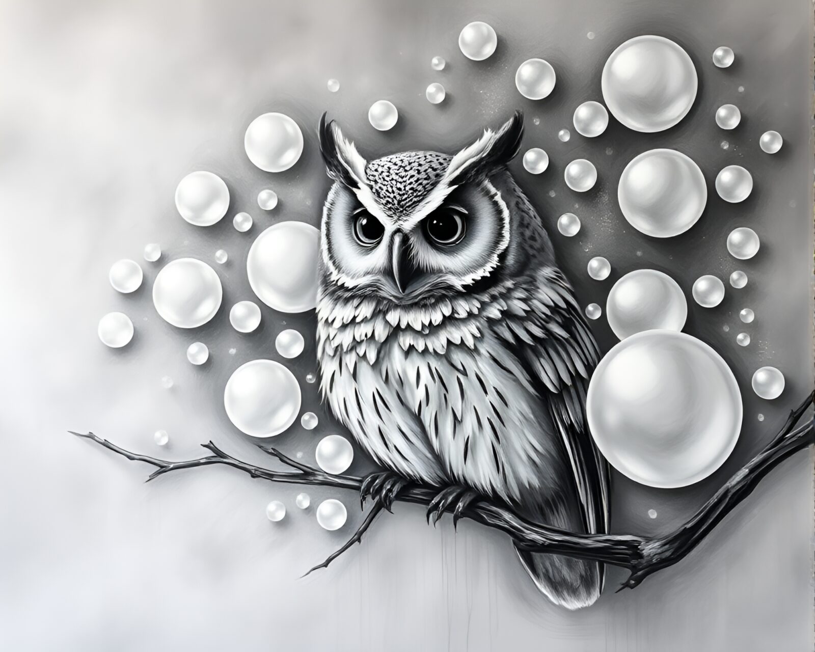 Gray owl surrounded by bubble clusters in mural painting