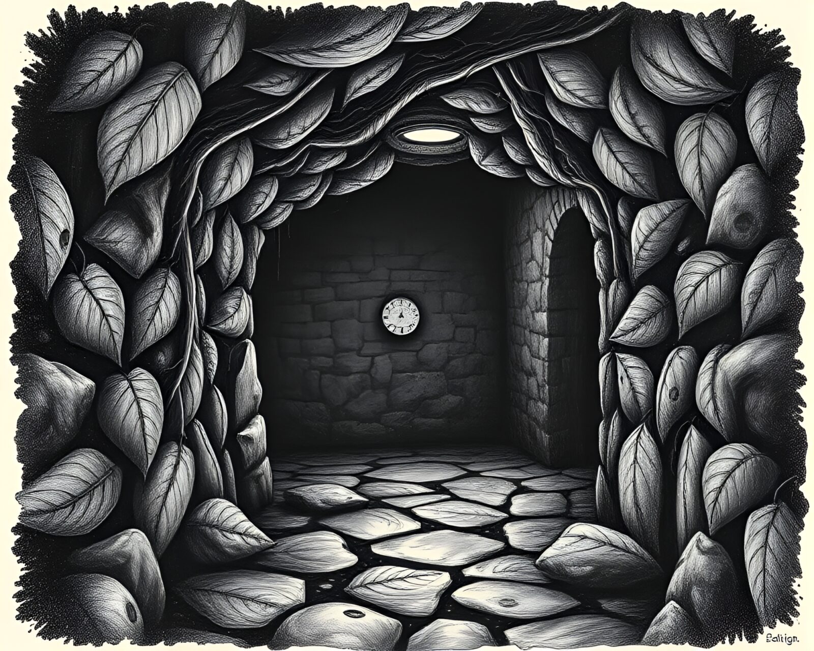 Dark basement with spotlight illuminating detailed vinyl record art