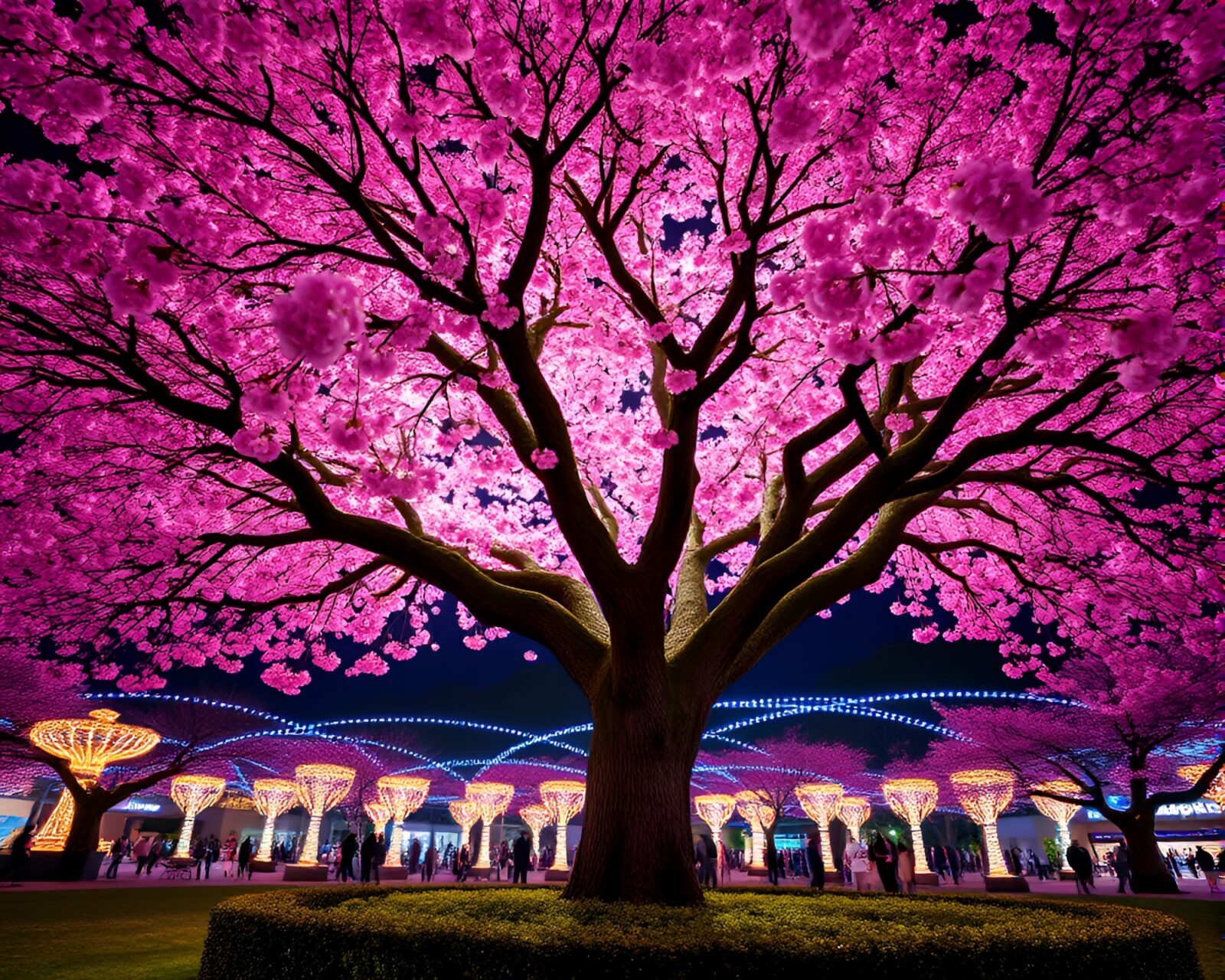 Vibrant concentric circles around a cherry blossom tree under carnival lights