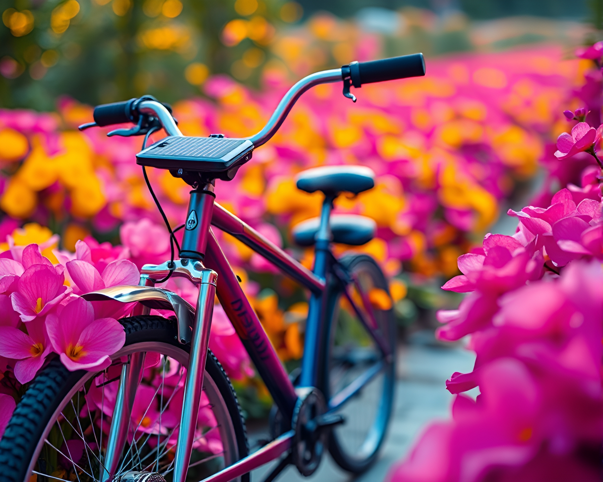 Neon Flower Petals on Solar-Powered Bike Duochrome Art – free AI stock image
