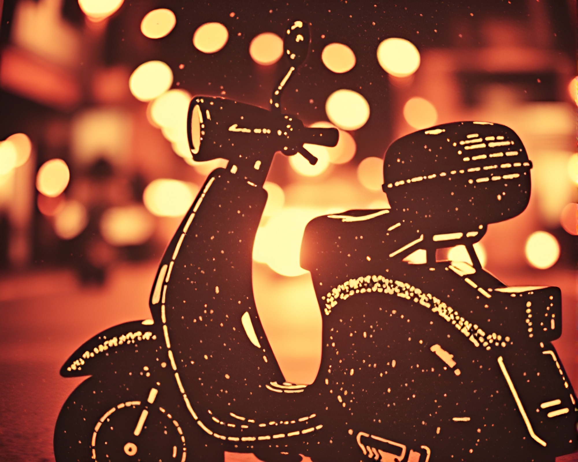 Electric Scooter Engraved Linocut Bokeh Lights Composition – free AI stock image