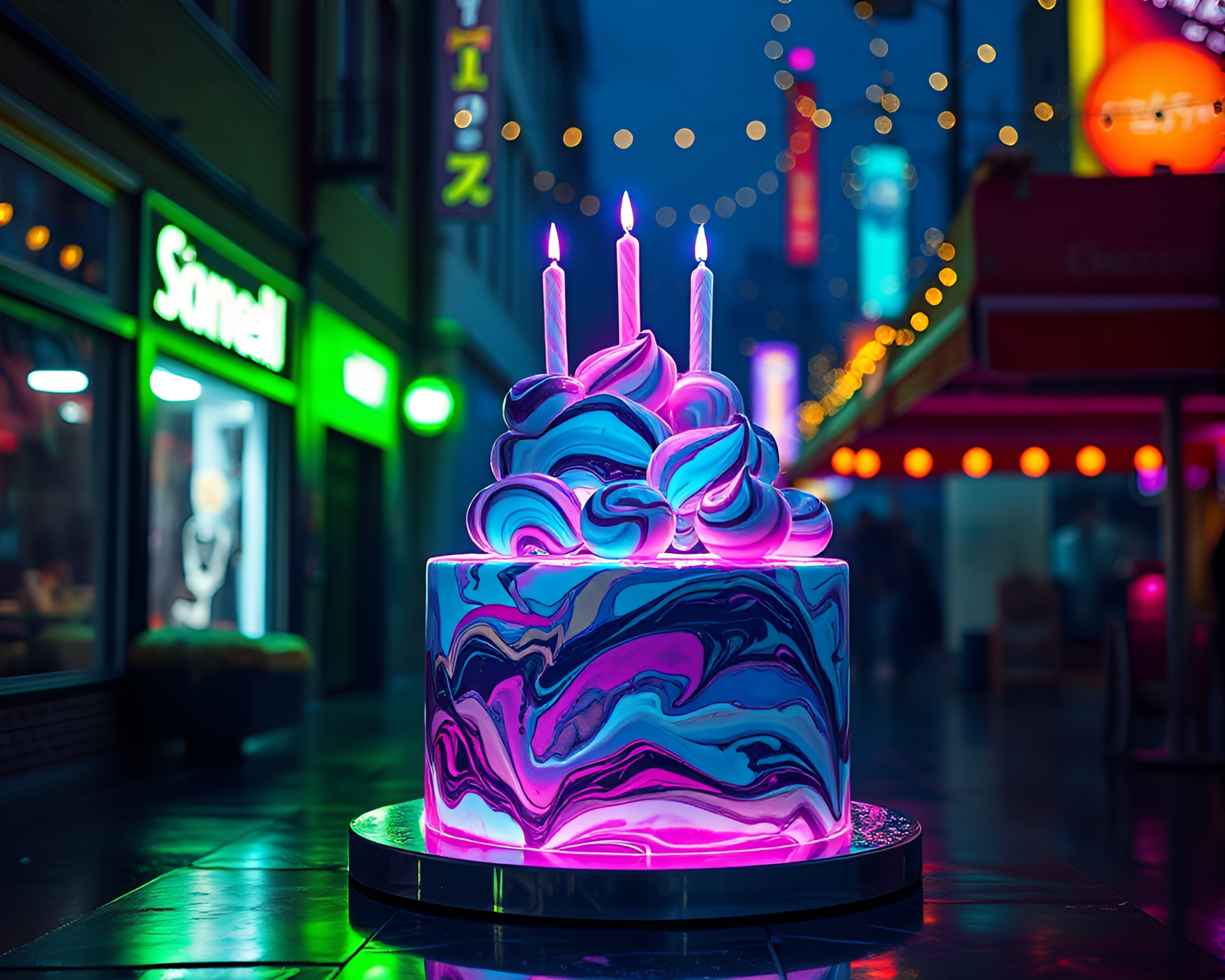 Neon Street Art Marbled Cake Under Ray Tracing Lights – free AI stock image